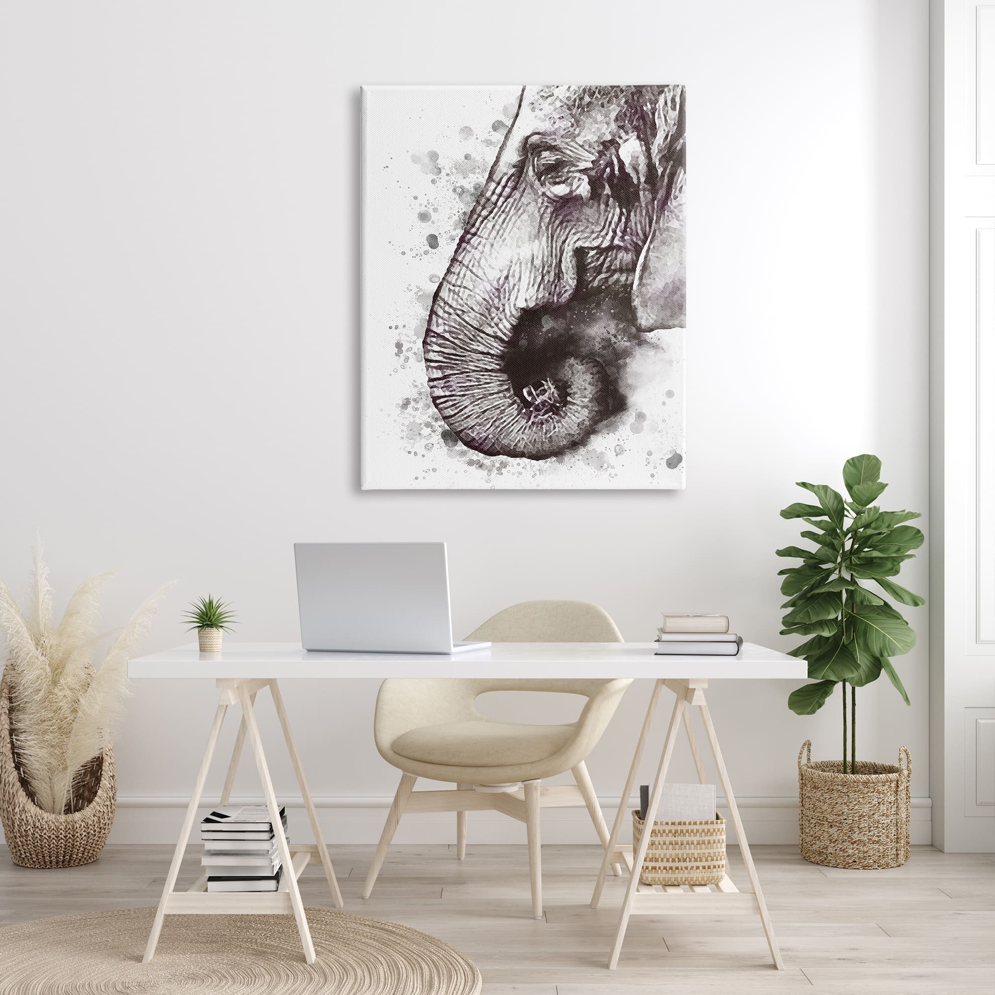 Stupell Industries Grey Elephant Curled Trunk Grey Paint Splatter Canvas Wall Art