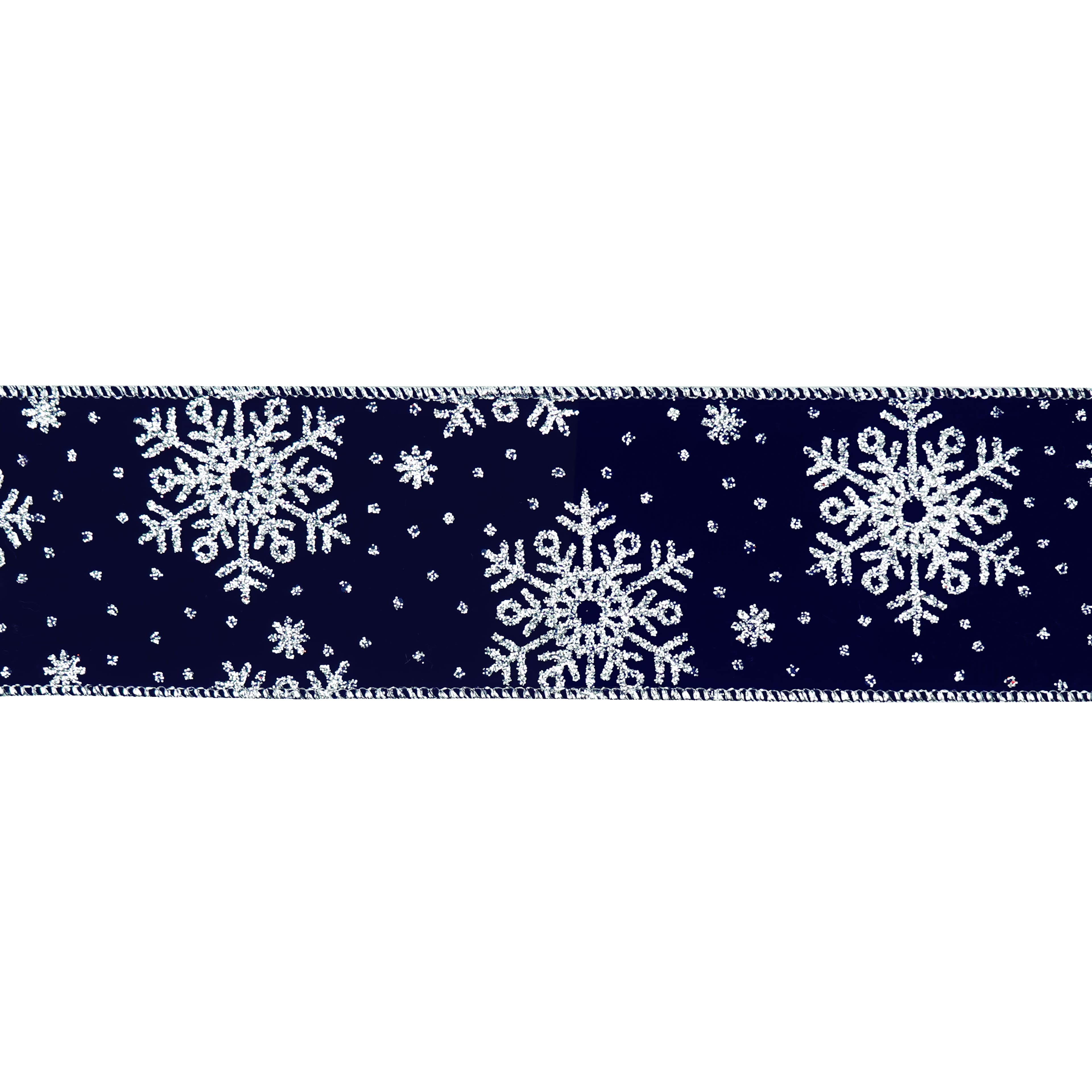2.5" x 6.6yd. Navy & Silver Glitter Snowflakes Wired Velvet Ribbon by Celebrate It®