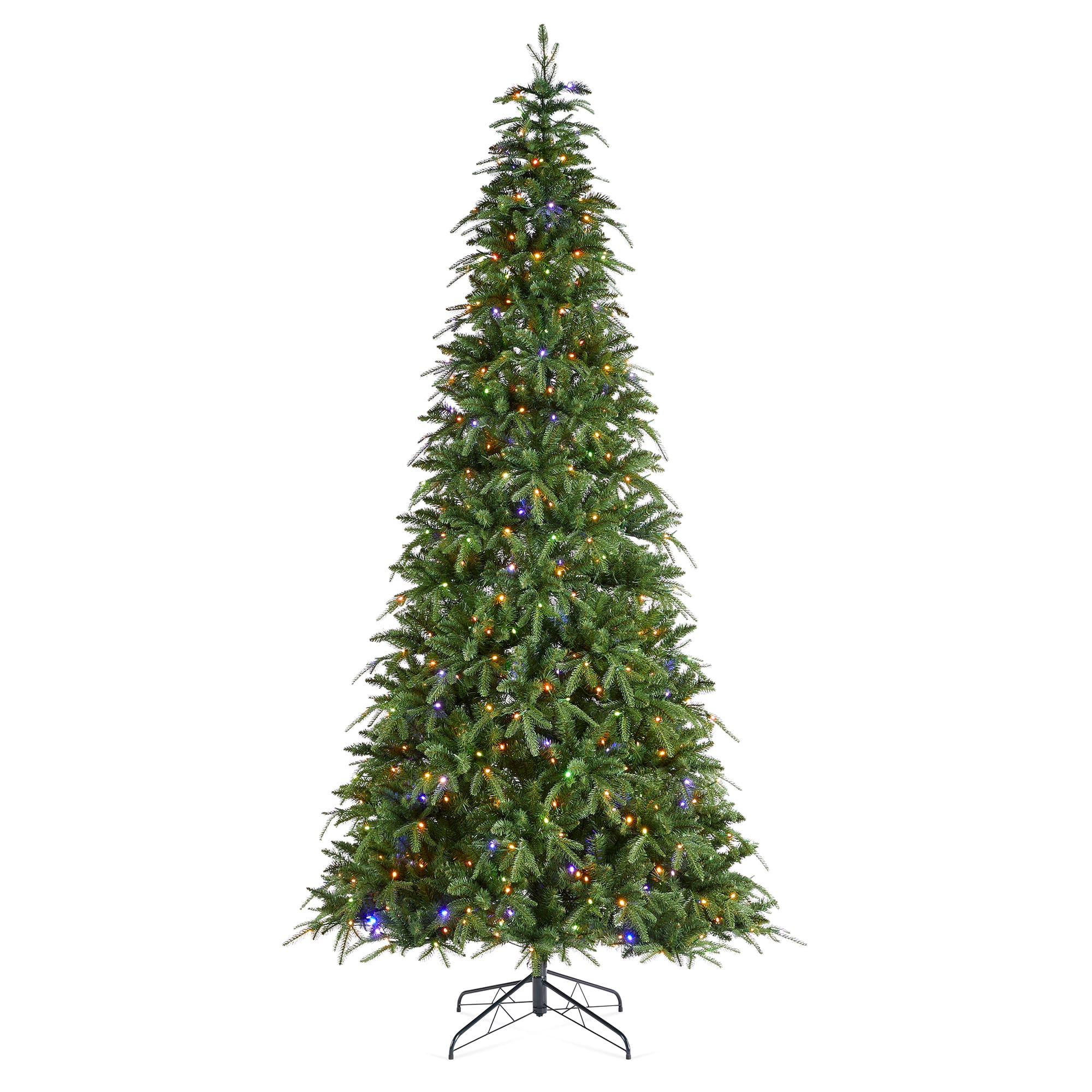Glitzhome® 9ft Pre-Lit Green Slim Fir Artificial Christmas Tree, Multicolor LED Lights