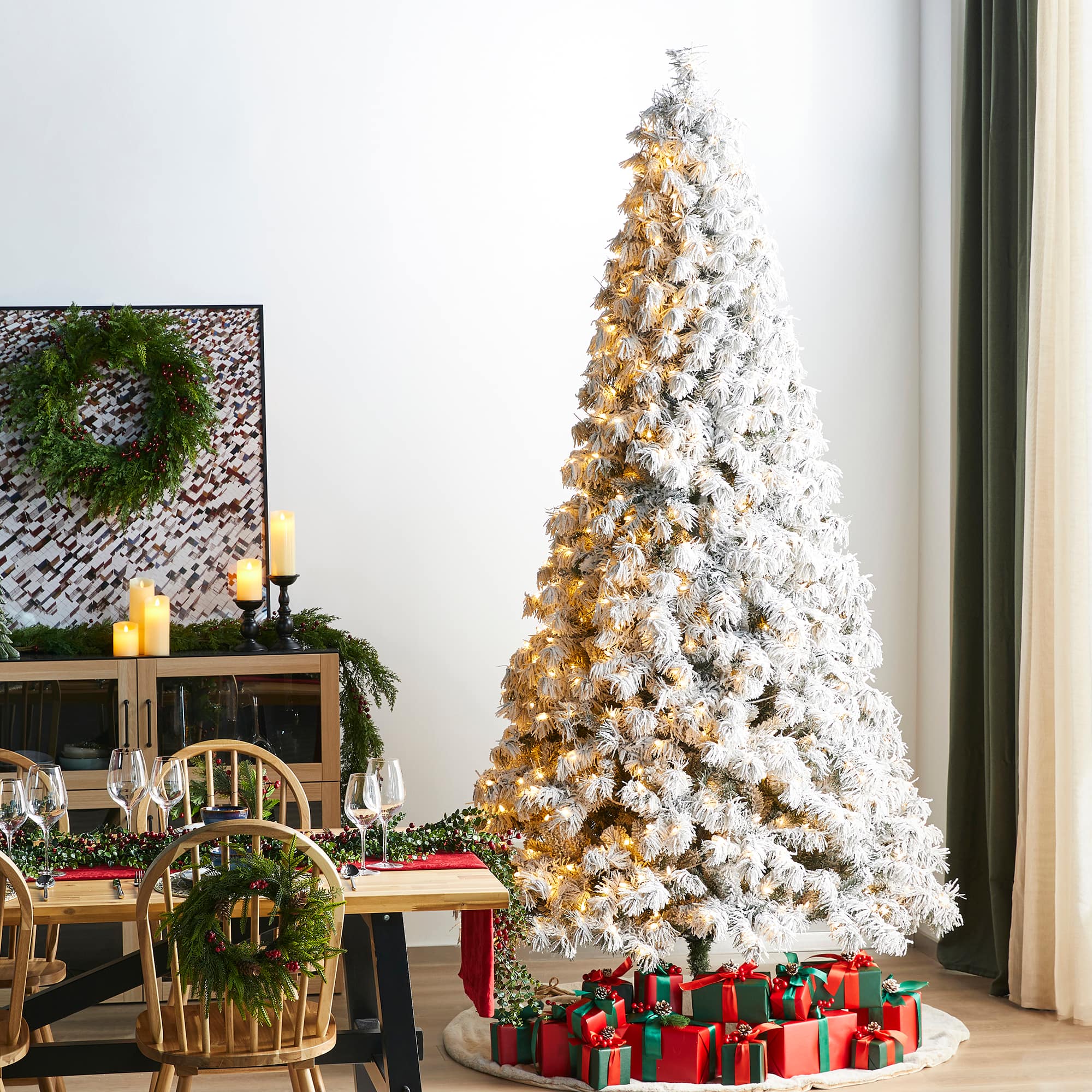 Glitzhome® 9ft Pre-Lit Flocked Full Spruce Artificial Christmas Tree, Warm White LED Lights