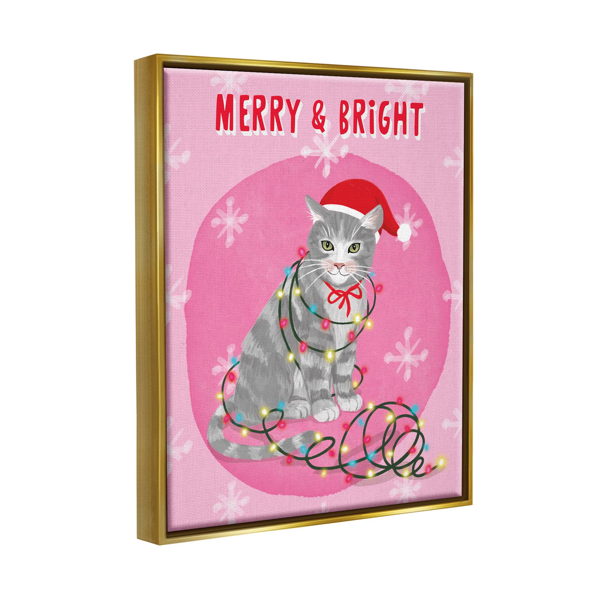 Stupell Industries Merry & Bright Christmas Cat Lights Framed Floater Canvas Wall Art