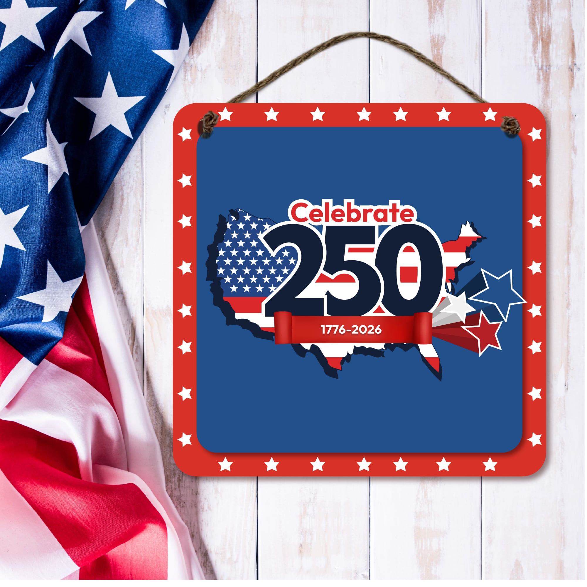 Courtside Market® Celebrate 250™ 12" x 12" Wounded Warrior Project® USA Overlay Hanging Wood Artboard with Twine
