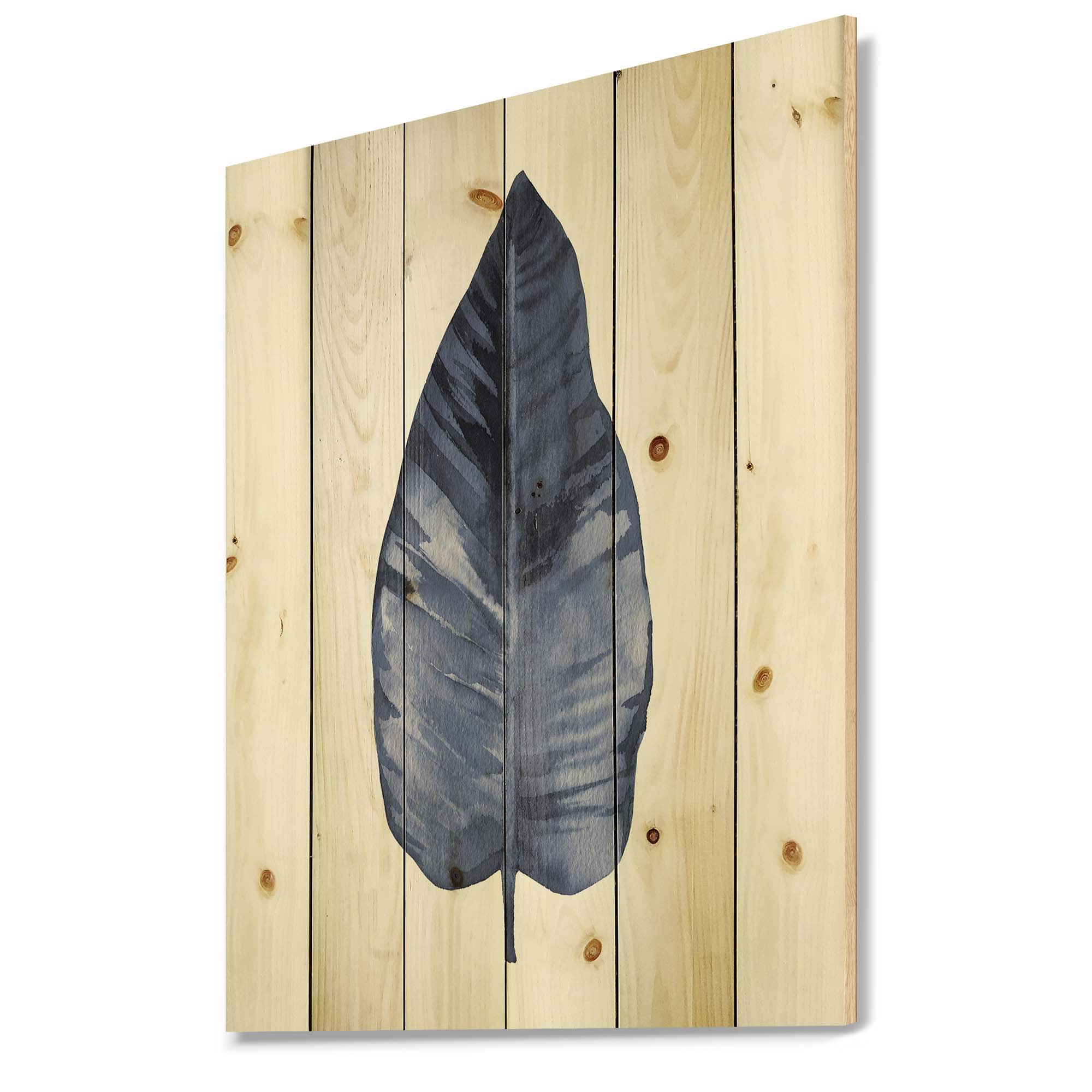 Designart - Blue Leaf Watercolour On White - Traditional Print on Natural Pine Wood