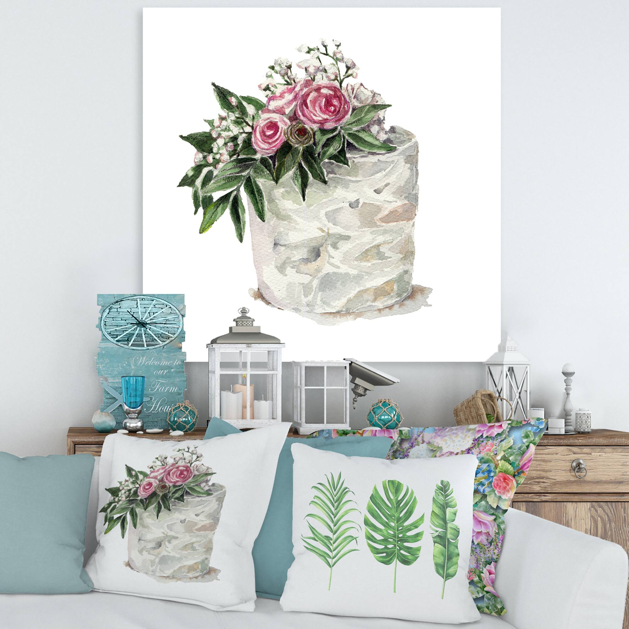 Designart - Pink Roses and White Flowers On Cake