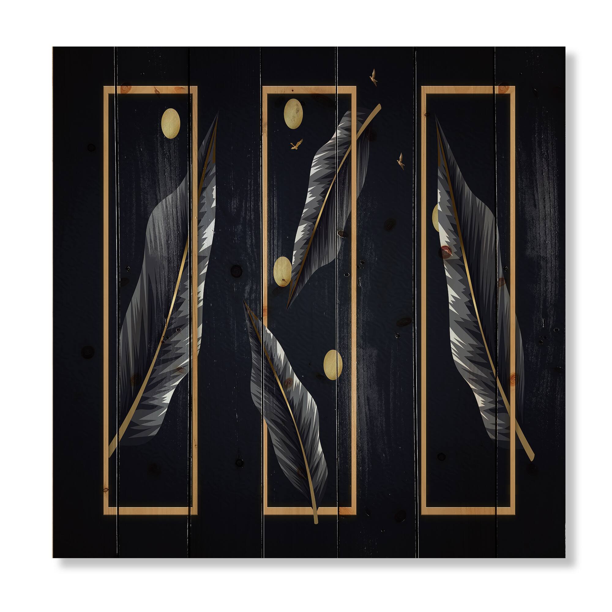 Designart - Black Tropical Leaves With Golden Rectangles
