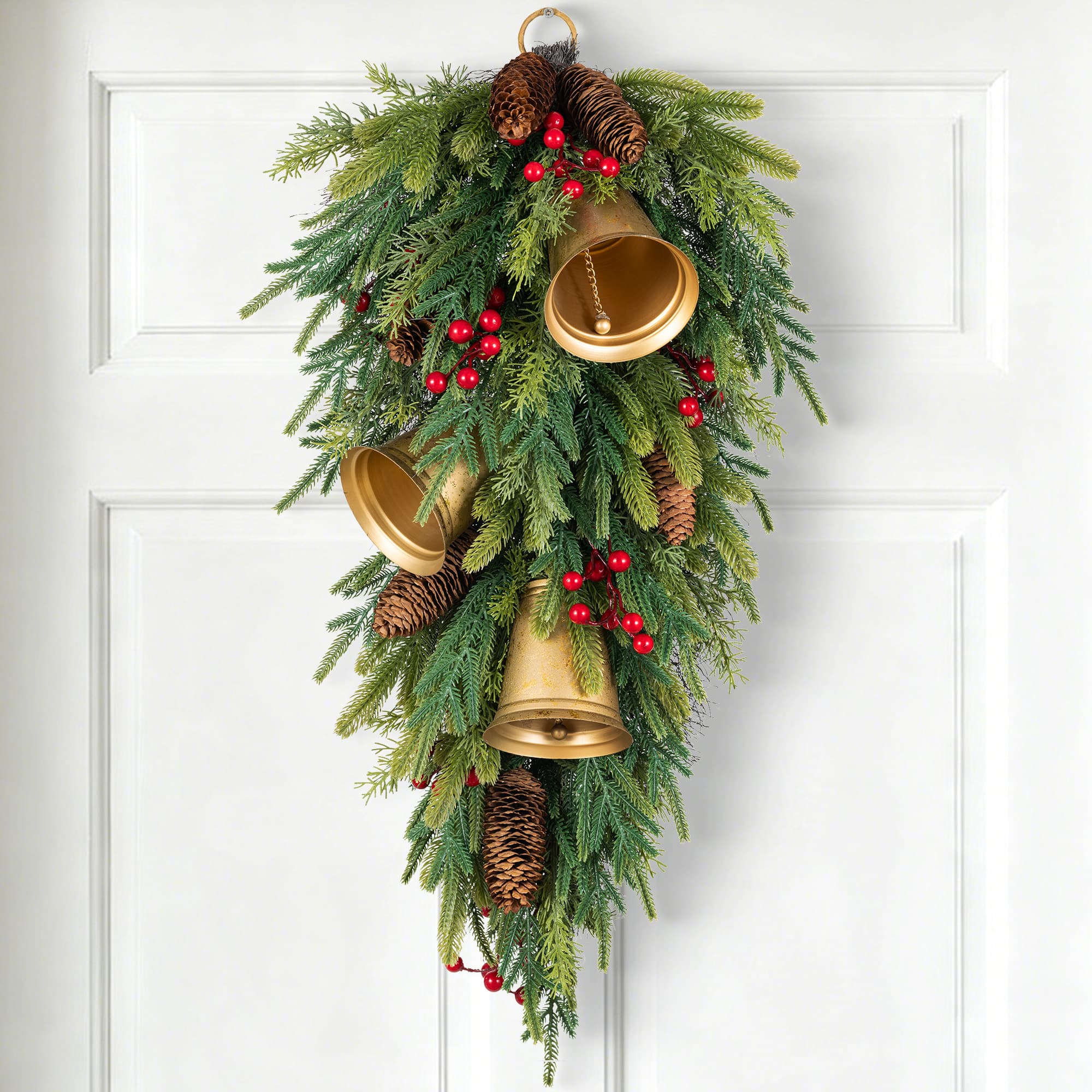 Glitzhome® 30" Christmas Deluxe Gold Bell & Pinecone PE Dripping Teardrop, Set of 2