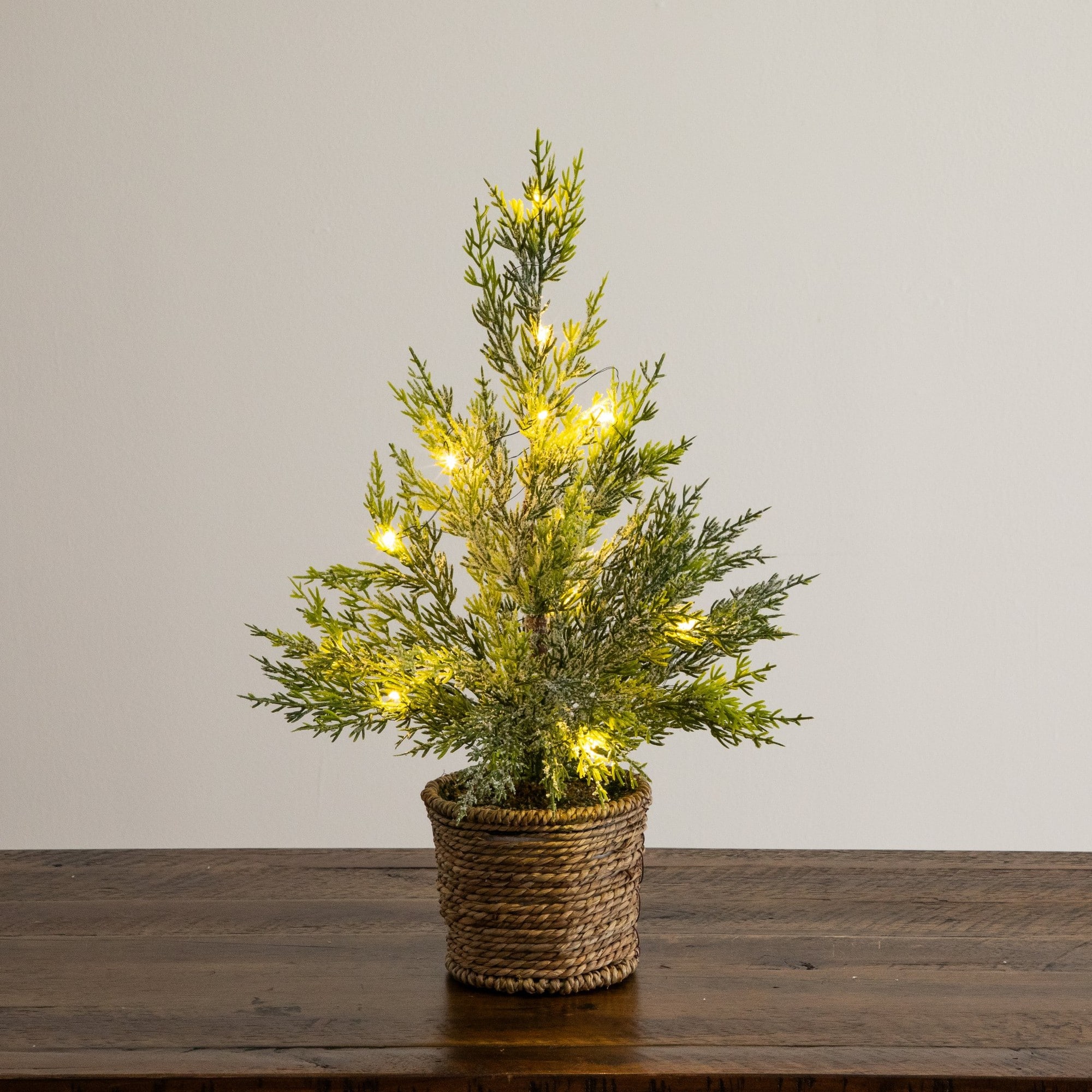 Nearly Natural 18" Pre-Lit Artificial Snowed Cypress Christmas Tree in Hyacinth Basket, Warm White LED Lights