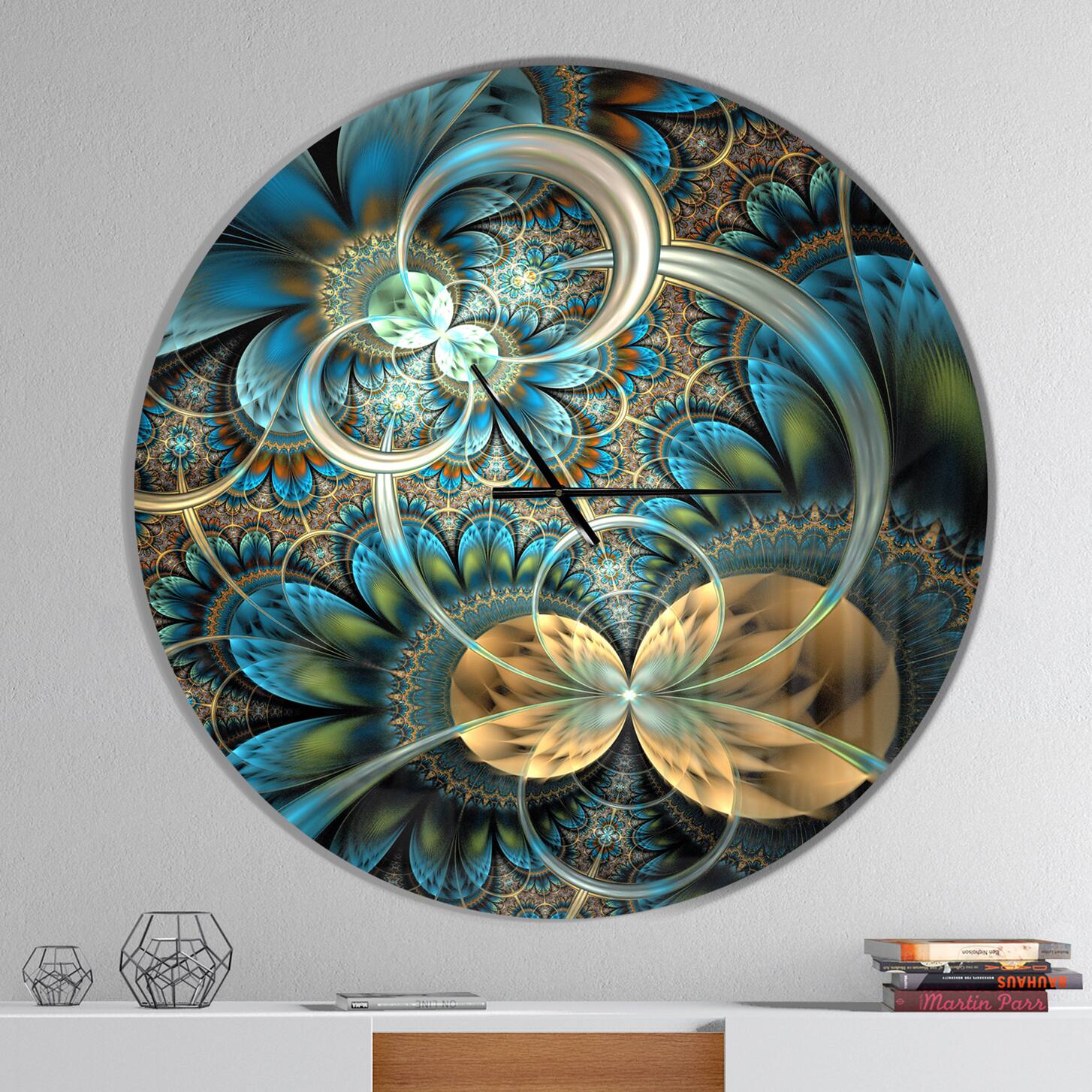Designart Symmetrical Blue Gold Fractal Flower Modern Wall Clock