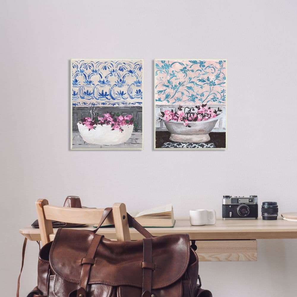 Stupell Industries Flowers In Bath Tub Pink Blue Interior Design Canvas Wall Art