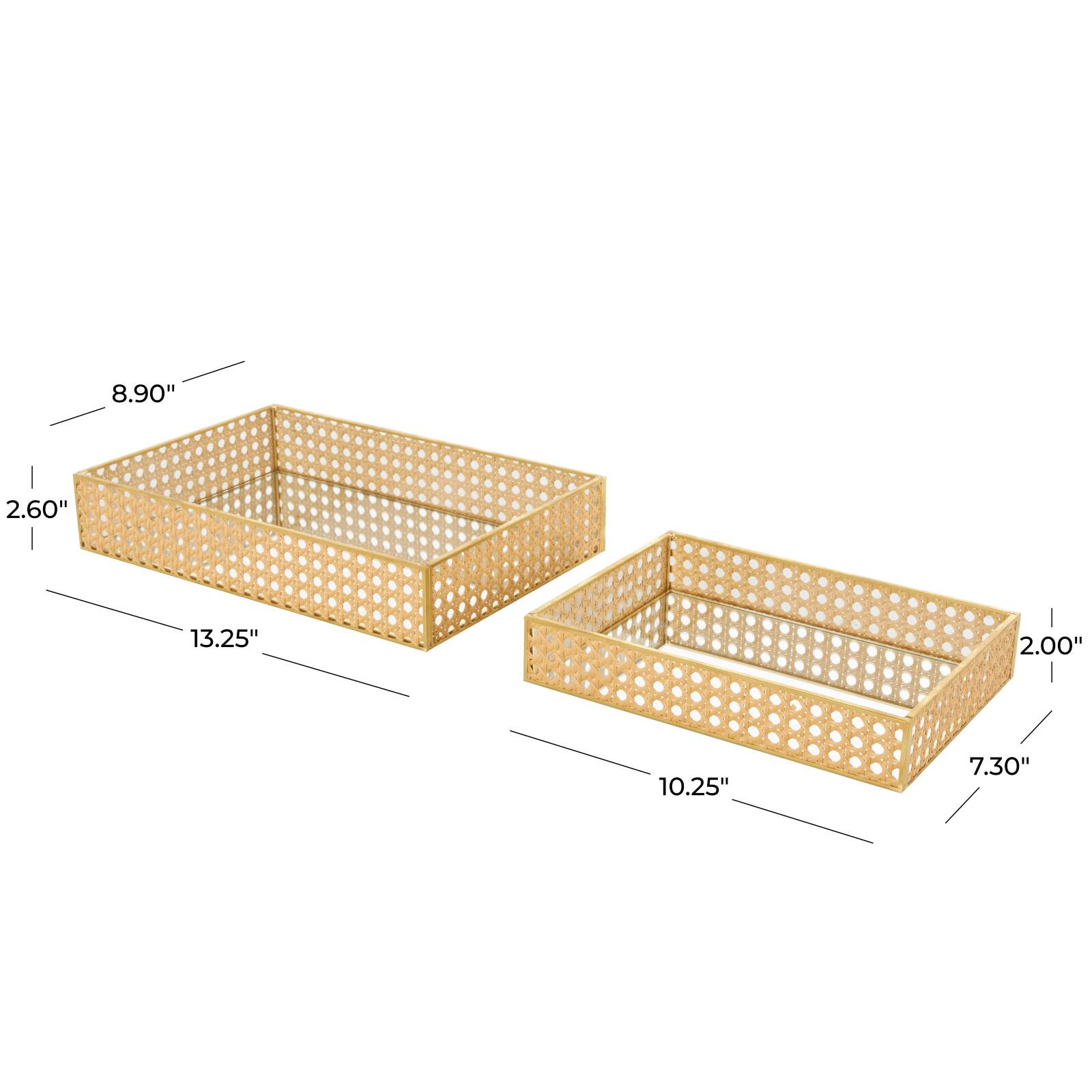 Brown Woven Rattan Tray Set with Mirrored Glass Interiors