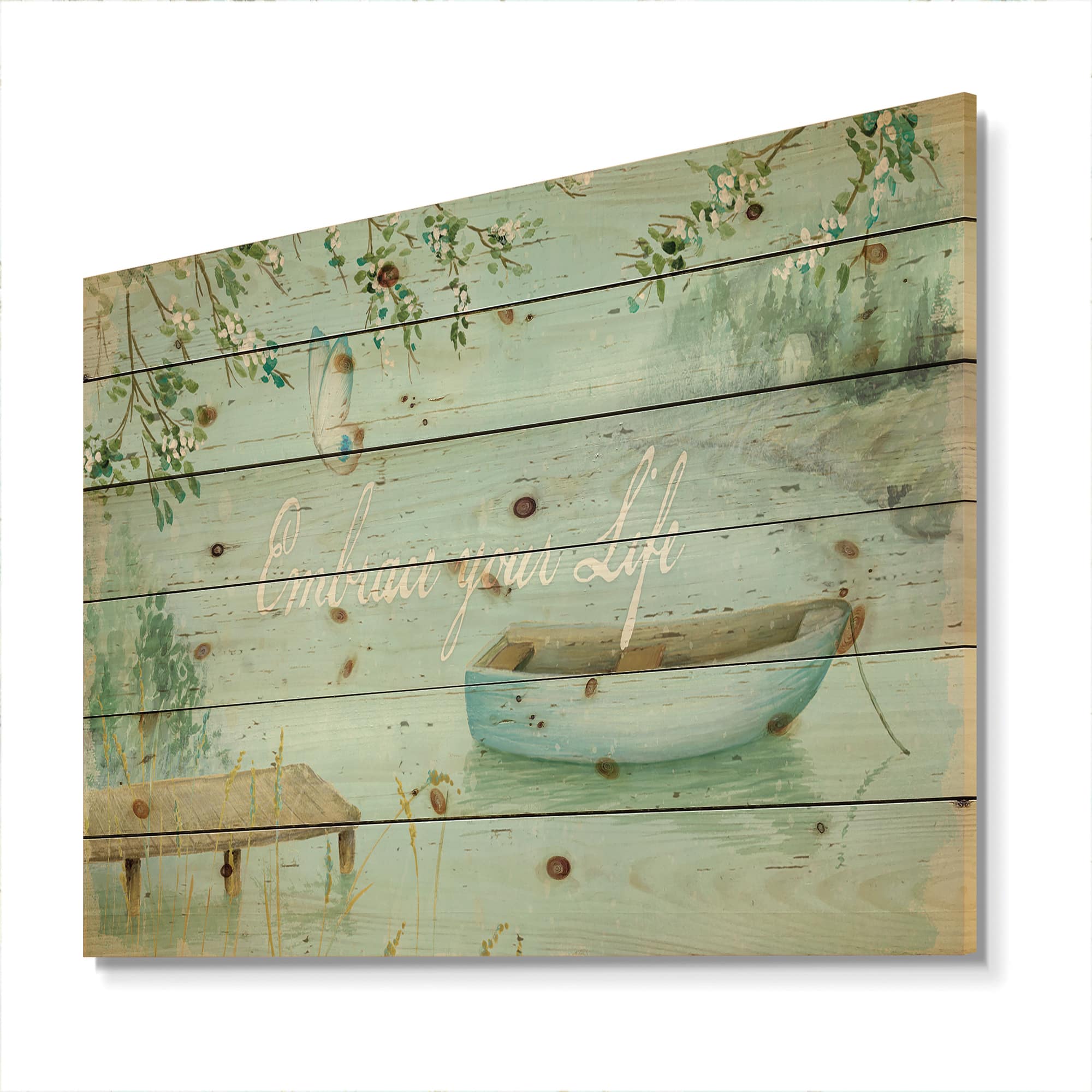 Designart - Lake House Canoes IV - Lake House Print on Natural Pine Wood
