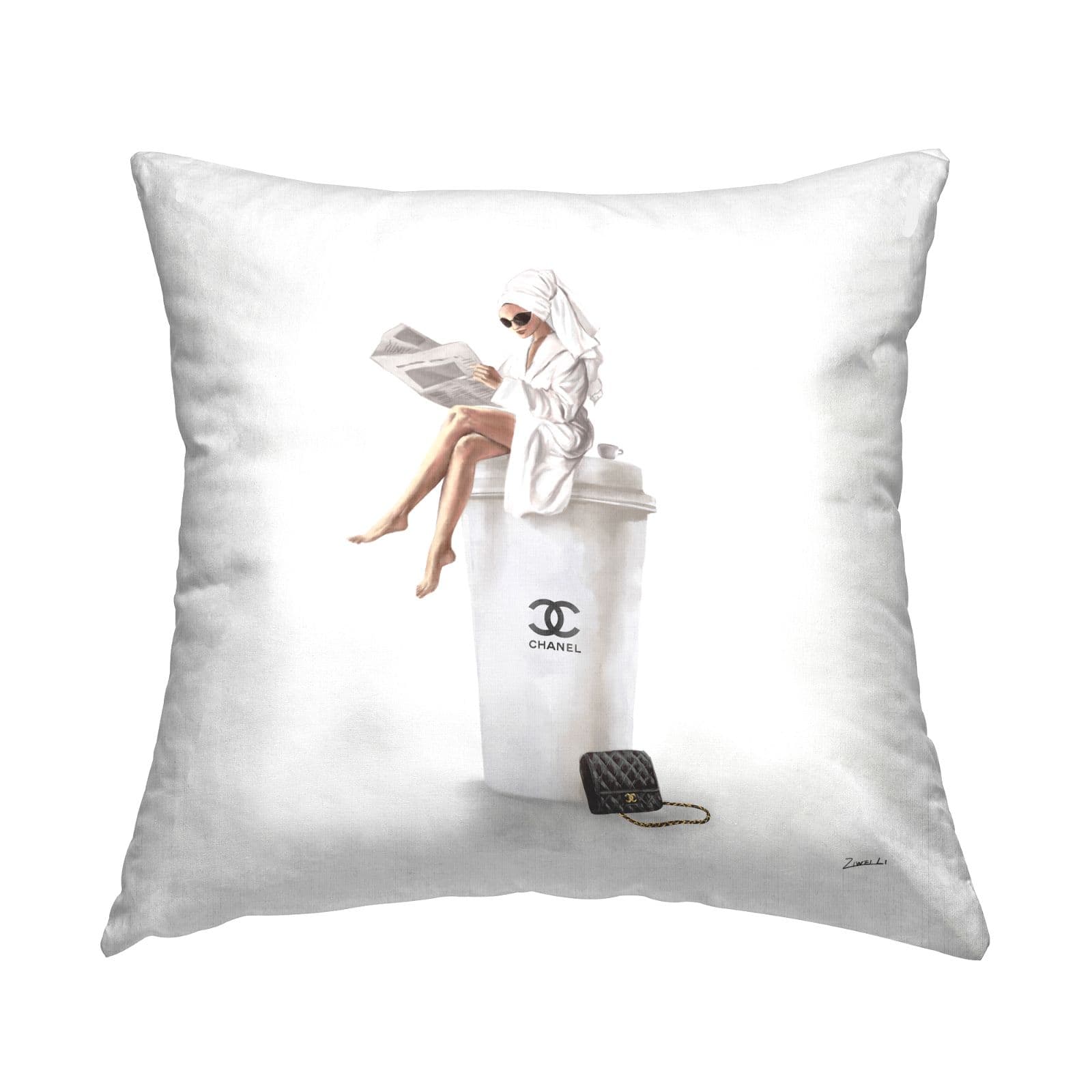 Stupell Industries Chic Fashion Coffee & Purse Female Wearing Robe Throw Pillow, 18" x 18"