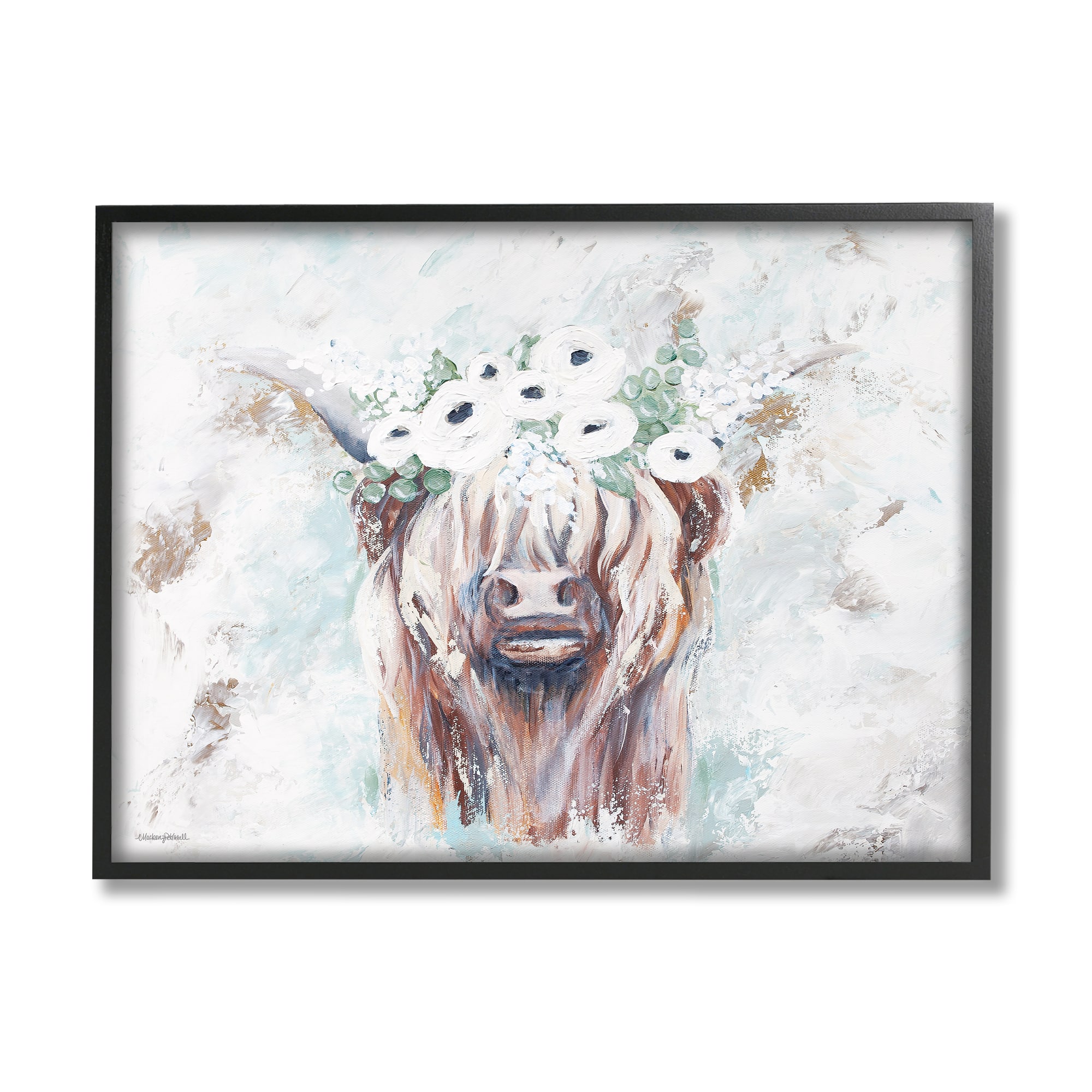 Stupell Industries Rustic Country Longhorn Cattle Flecked Flower Blossoms Framed Giclee Art