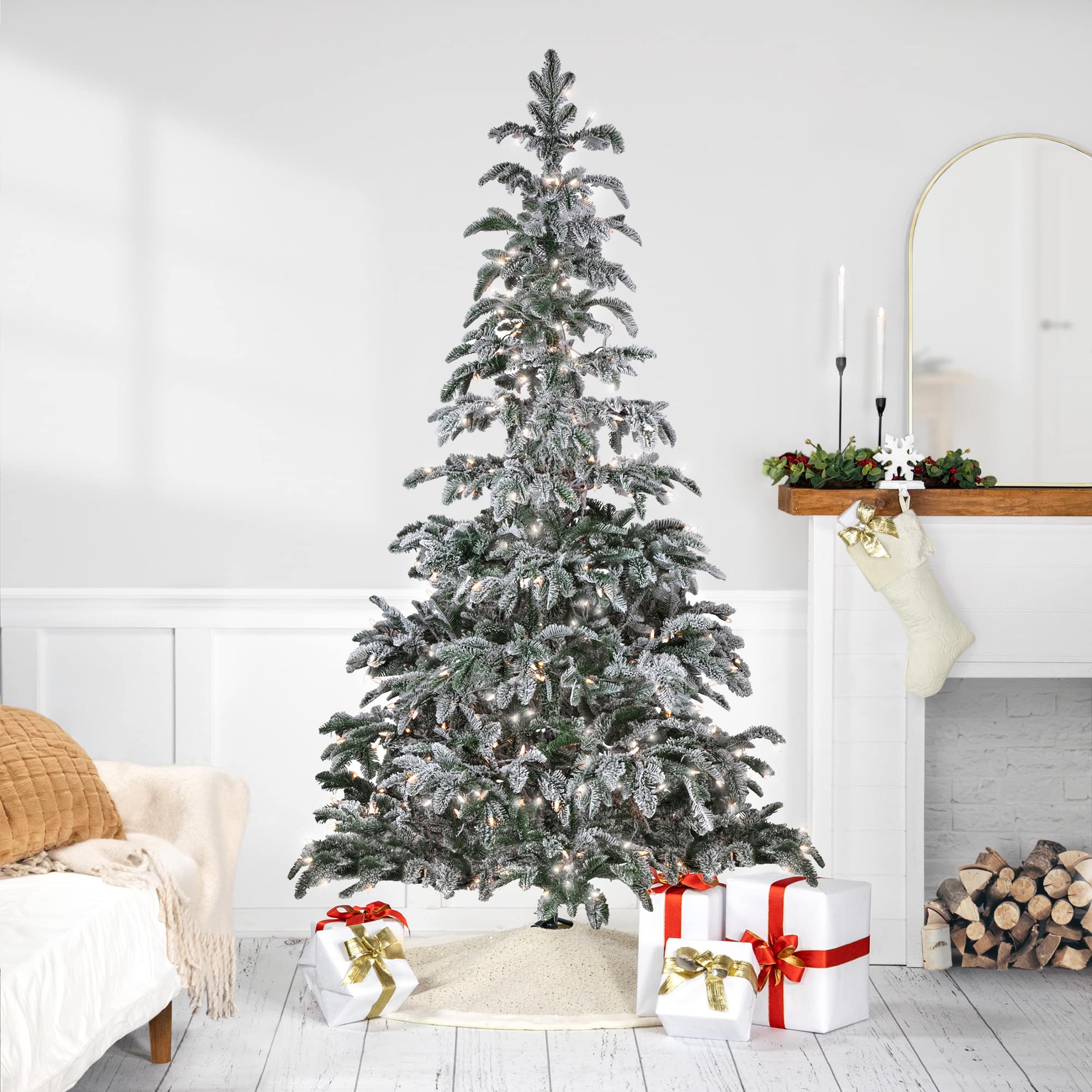 6.5ft. Pre-Lit Real Touch™️ Full Flocked Whistler Noble Fir Artificial Christmas Tree, Clear Lights