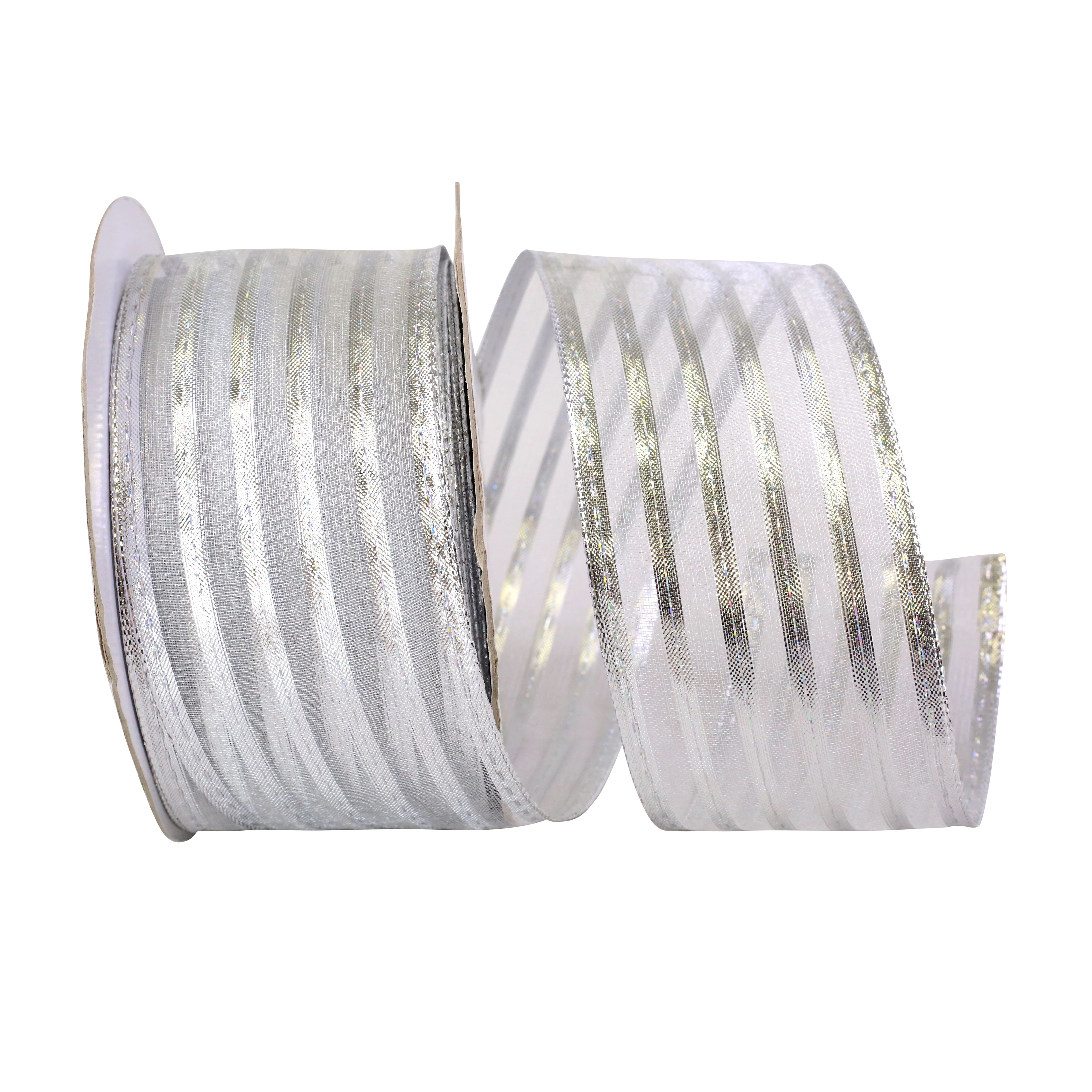 JAM Paper 2.5" x 50yd. Silver Wired Metallic Stripe Value Ribbon
