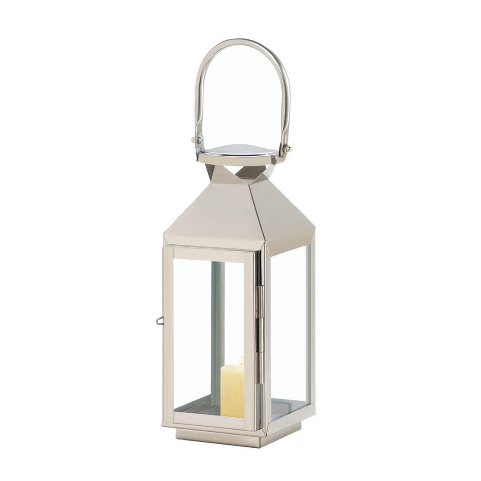 10" Sleek Stainless Steel Manhattan Candle Lantern with Handle