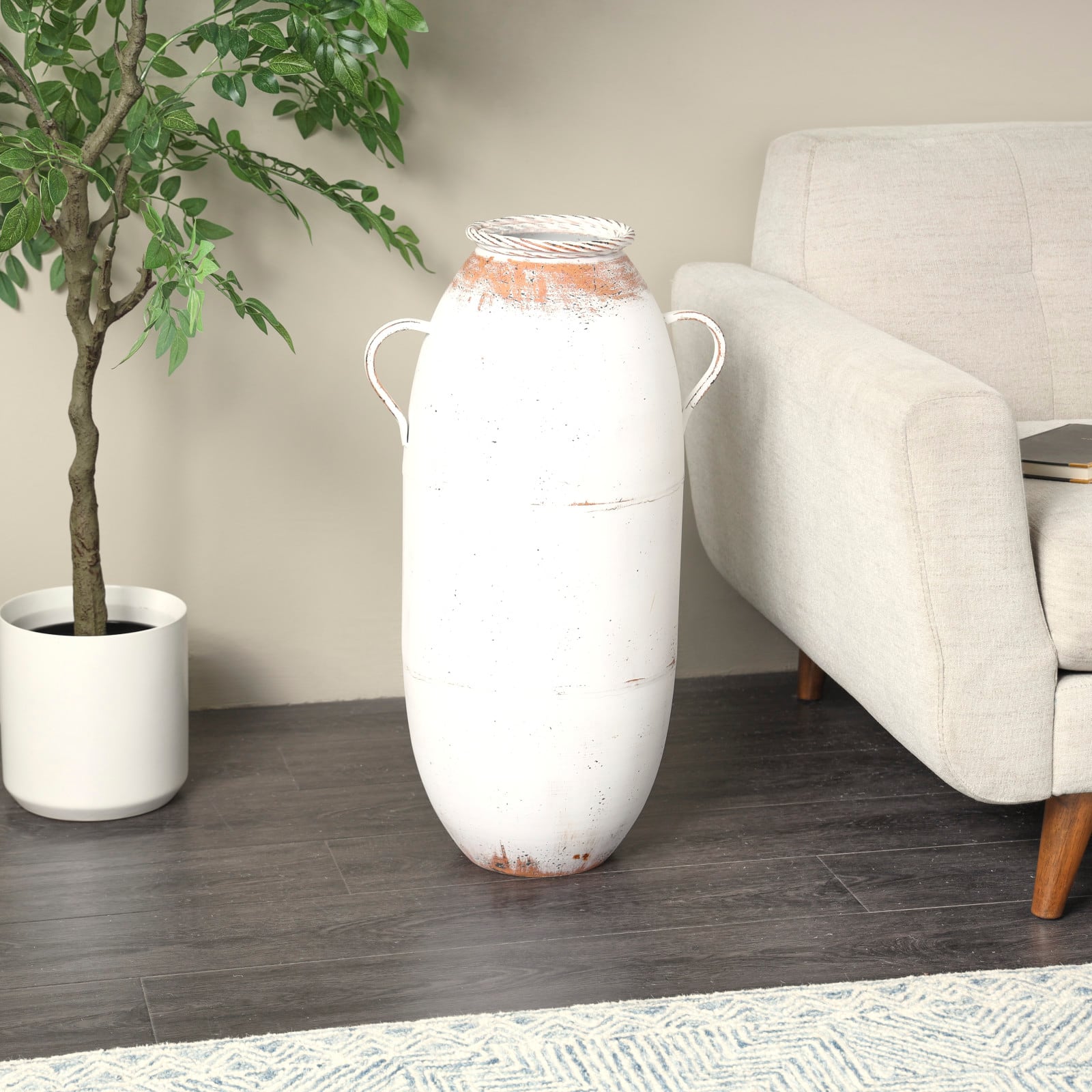 2ft. White Metal Antique Style Vase with Terra Cotta Accents & Handles