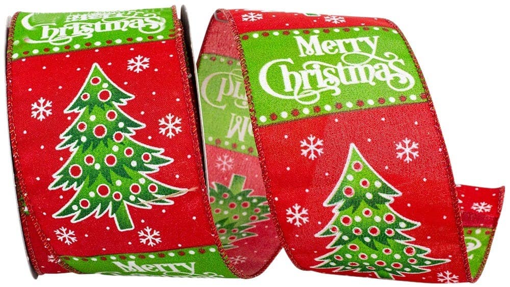 JAM Paper 2.5" x 10yd. Red & Green Merry Christmas Trees & Words Wired Edge Ribbon
