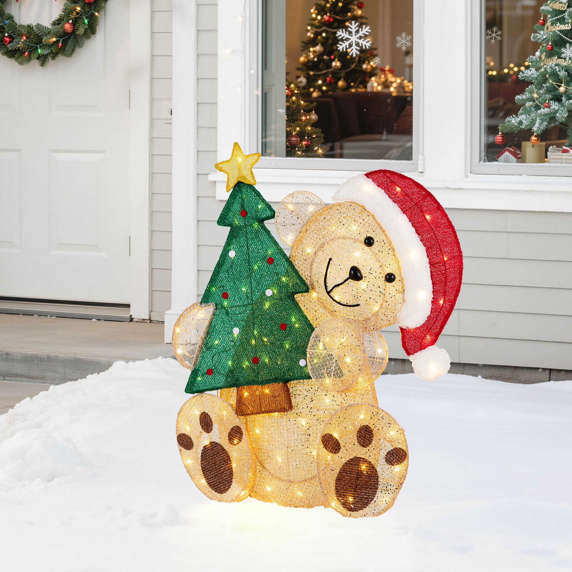Glitzhome® 34.25" Christmas 3D Glittered Fabric Bear with Tree & 110 Warm White LED Lights