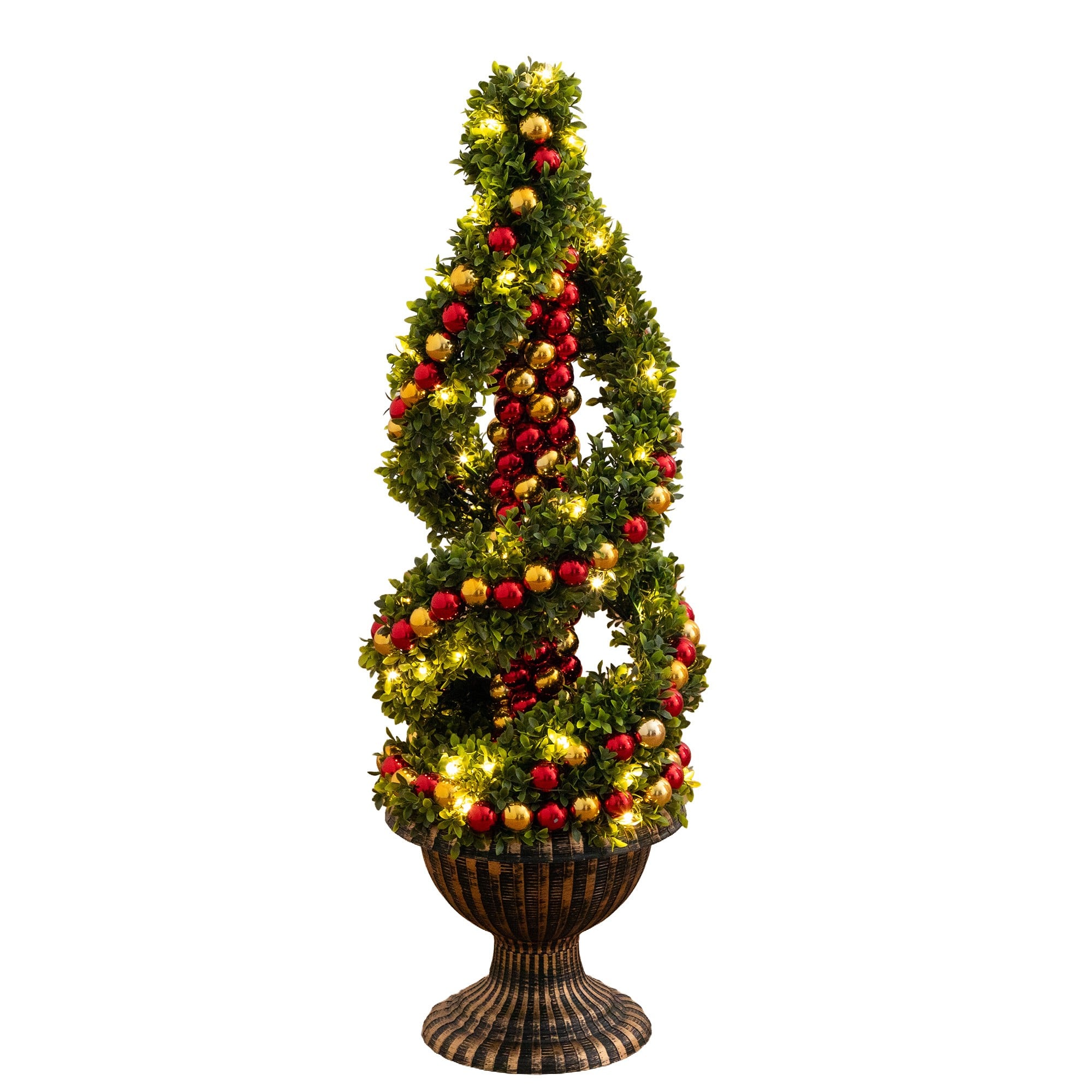Nearly Natural 3Ft Pre-Lit Spiral Boxwood Topiary with Ornaments Artificial Christmas Tree in Decorative Urn | 3 ft | Michaels®