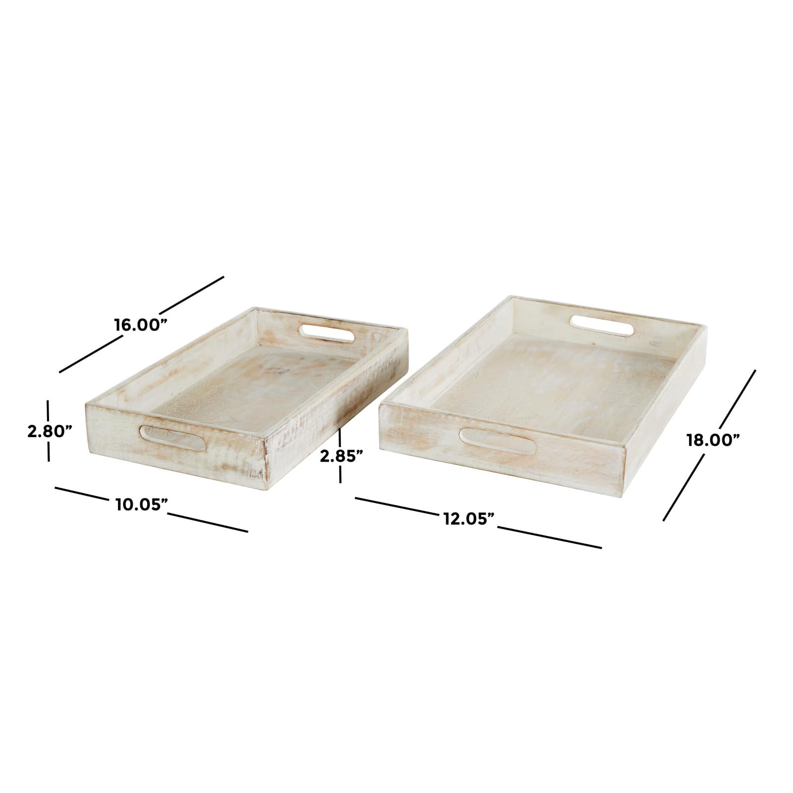 Whitewashed Carved Mandala Mango Wood Tray Set