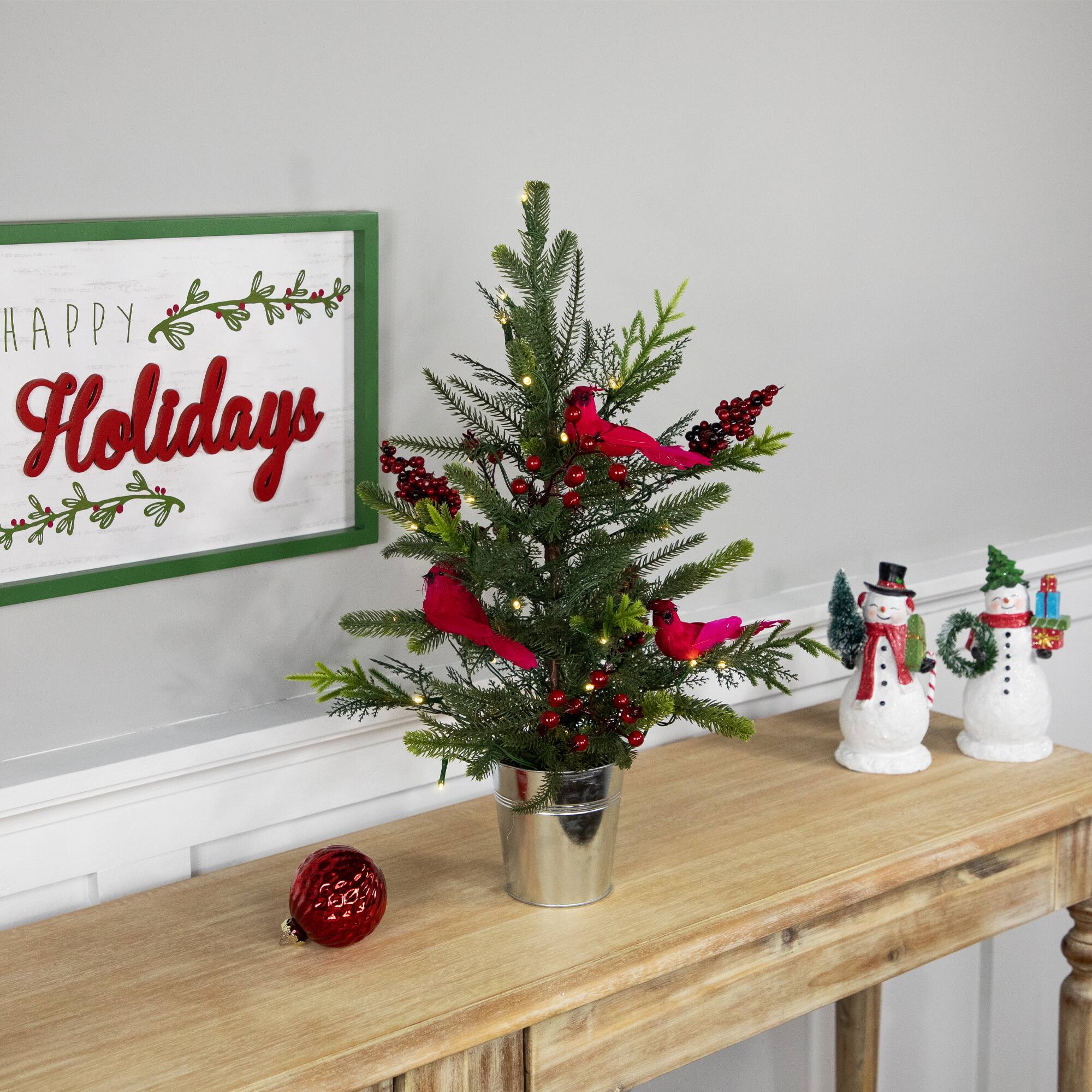 2ft. Pre-Lit Potted Mixed Pine, Berry & Cardinals Christmas Tree, Warm White LED Lights