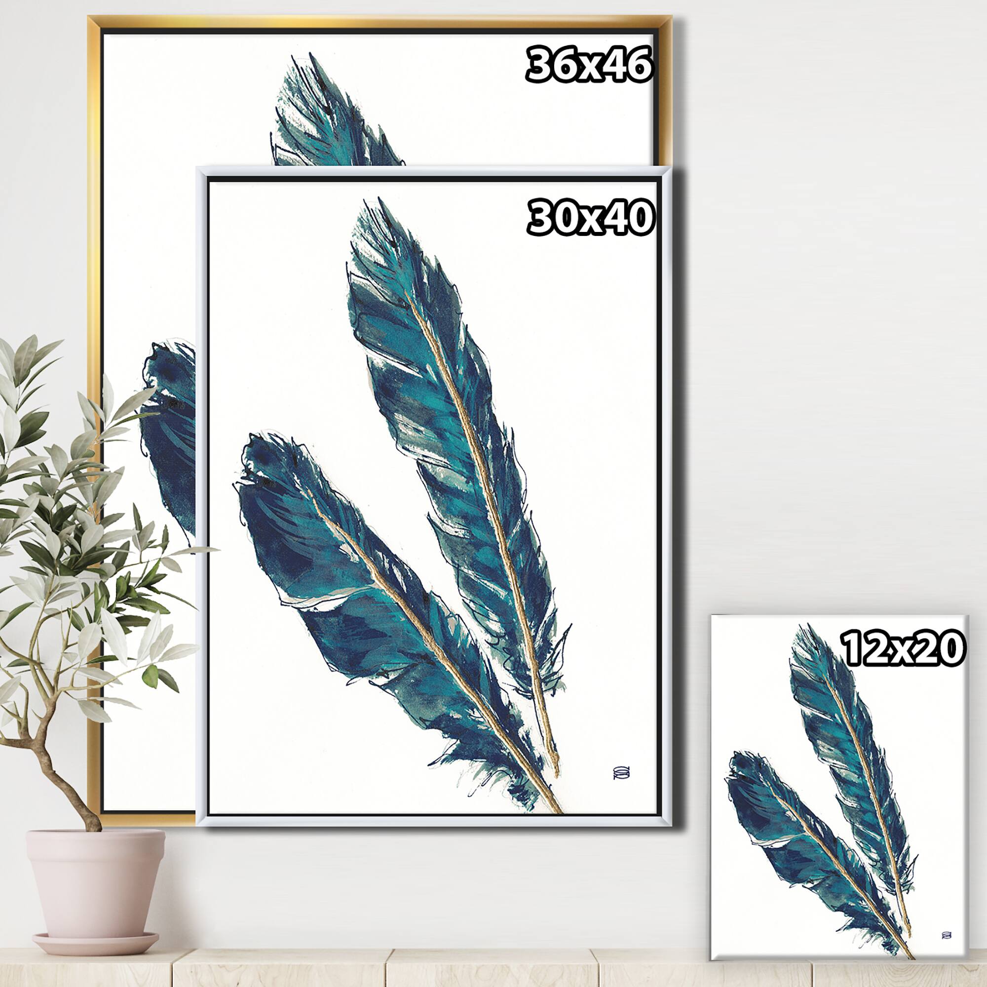 Designart - Gold Indigo Feathers III - Modern Bohemian Canvas in Gold Frame