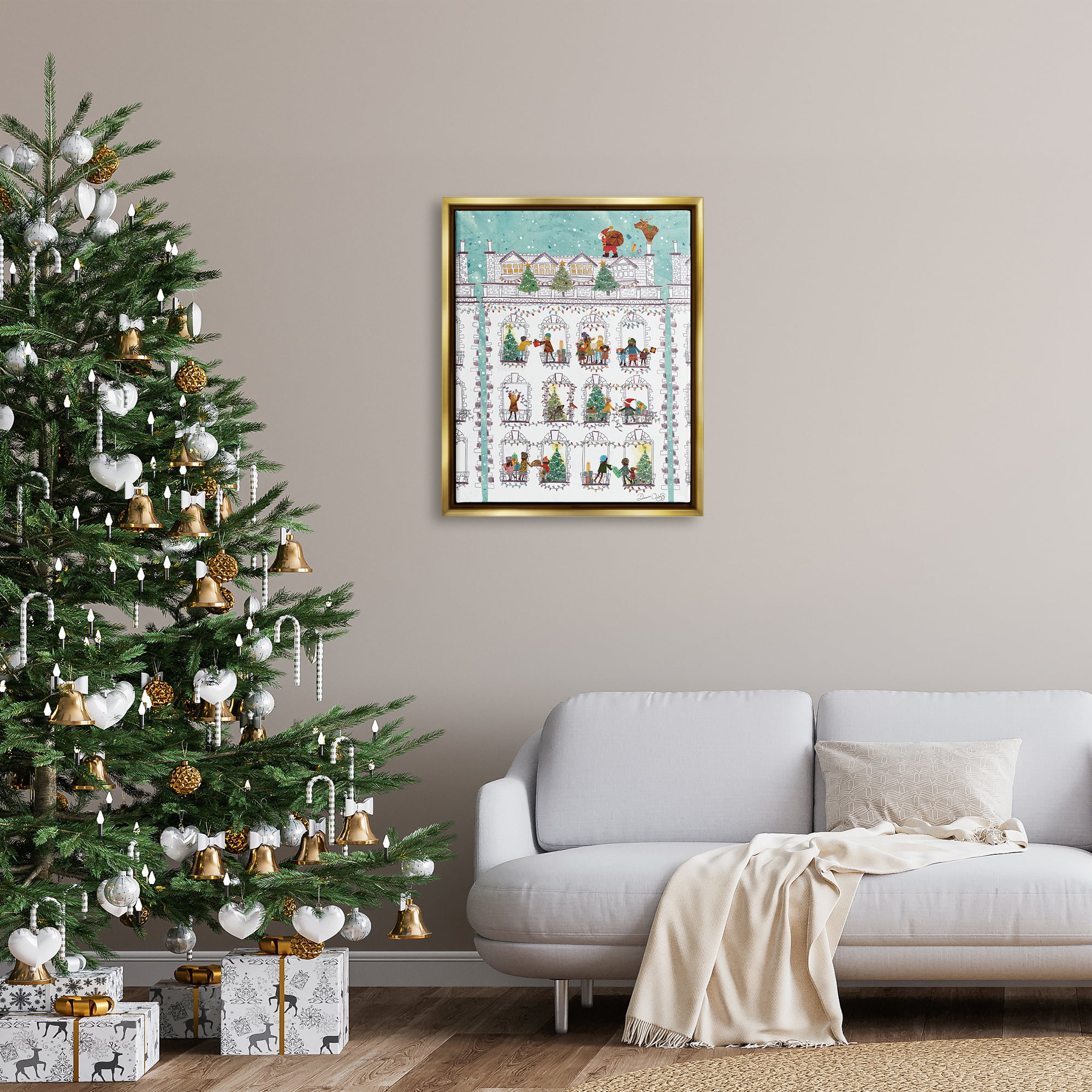 Stupell Industries Santa Claus Gifts City Rooftop Framed Floater Canvas Wall Art