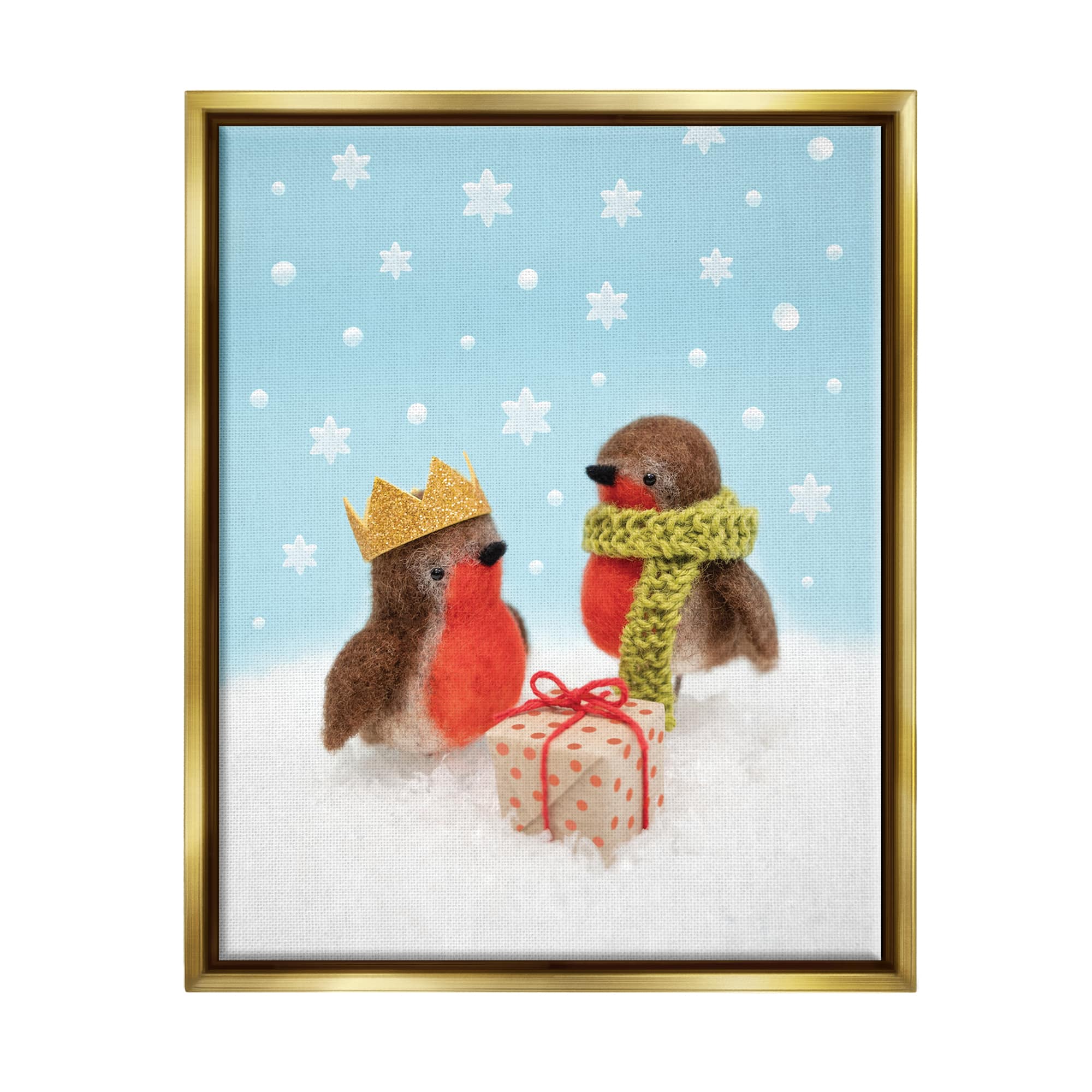 Stupell Industries Birds Gift Giving Christmas Snow Framed Floater Canvas Wall Art