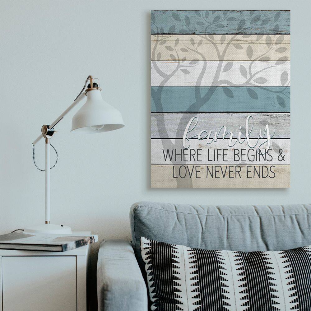 Stupell Industries Family Begin and End Quote Tree Wood Grain Blue Tan Phrase Canvas Wall Art
