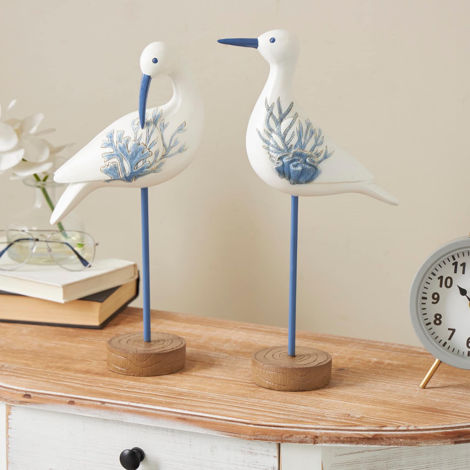 White with Blue Coral Pattern Polystone Bird Sculpture Set