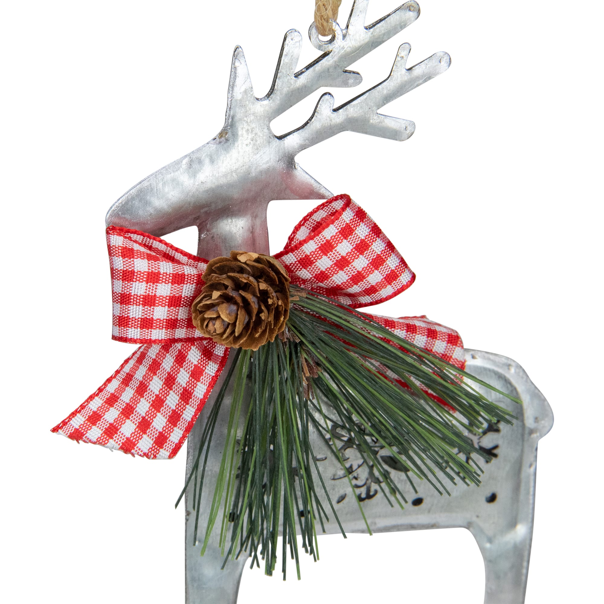 6.25" Silver Metal Reindeer Christmas Ornament With Red Gingham Bowtie & Pine