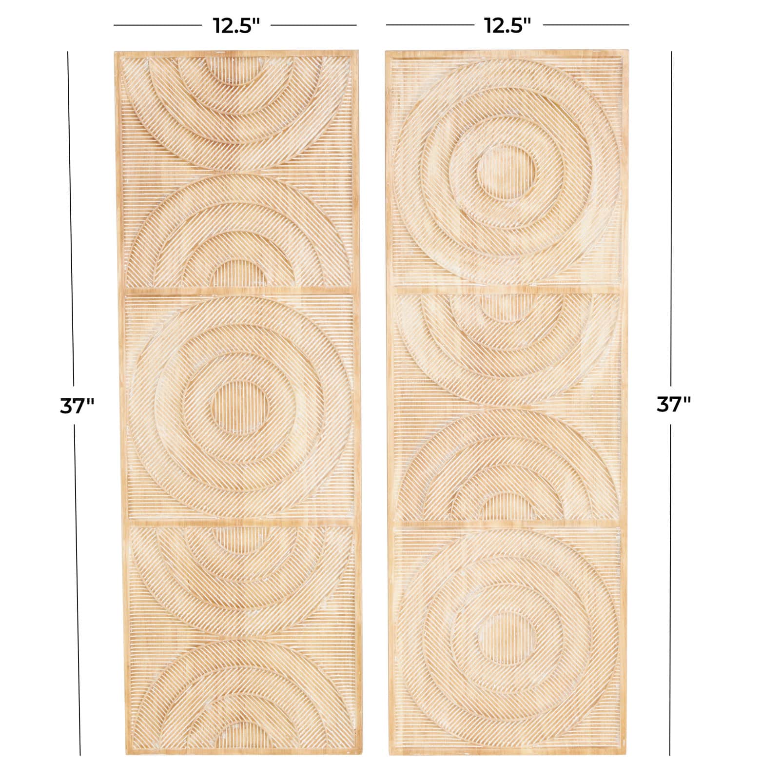 13" x 37" Light Brown Wood Geometric Carved Panel Arch Wall Décor with White Linear Markings Set 