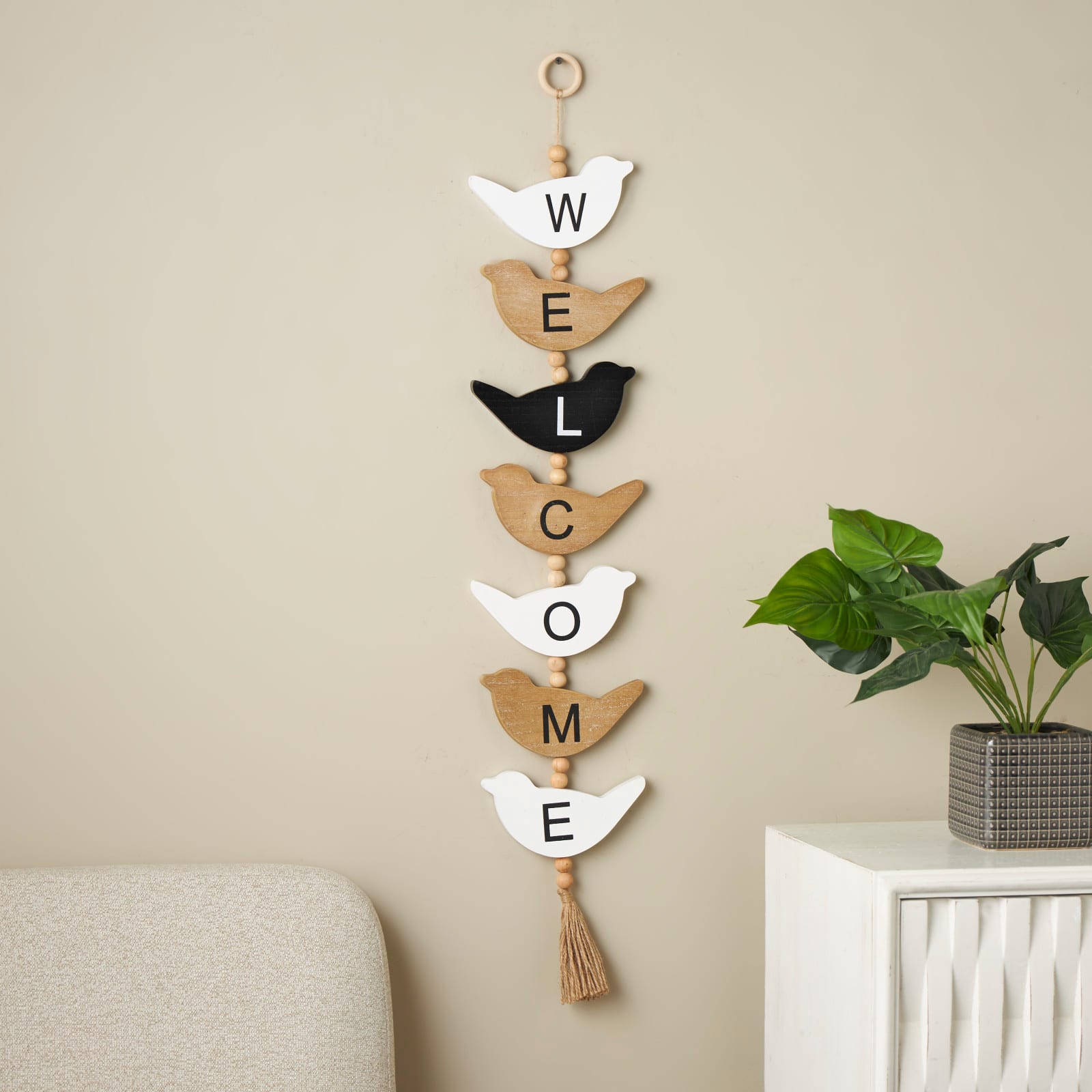 7" x 42" Handmade Black Wood Bird Welcome Sign Wall Décor with Tassel & Bead Accents