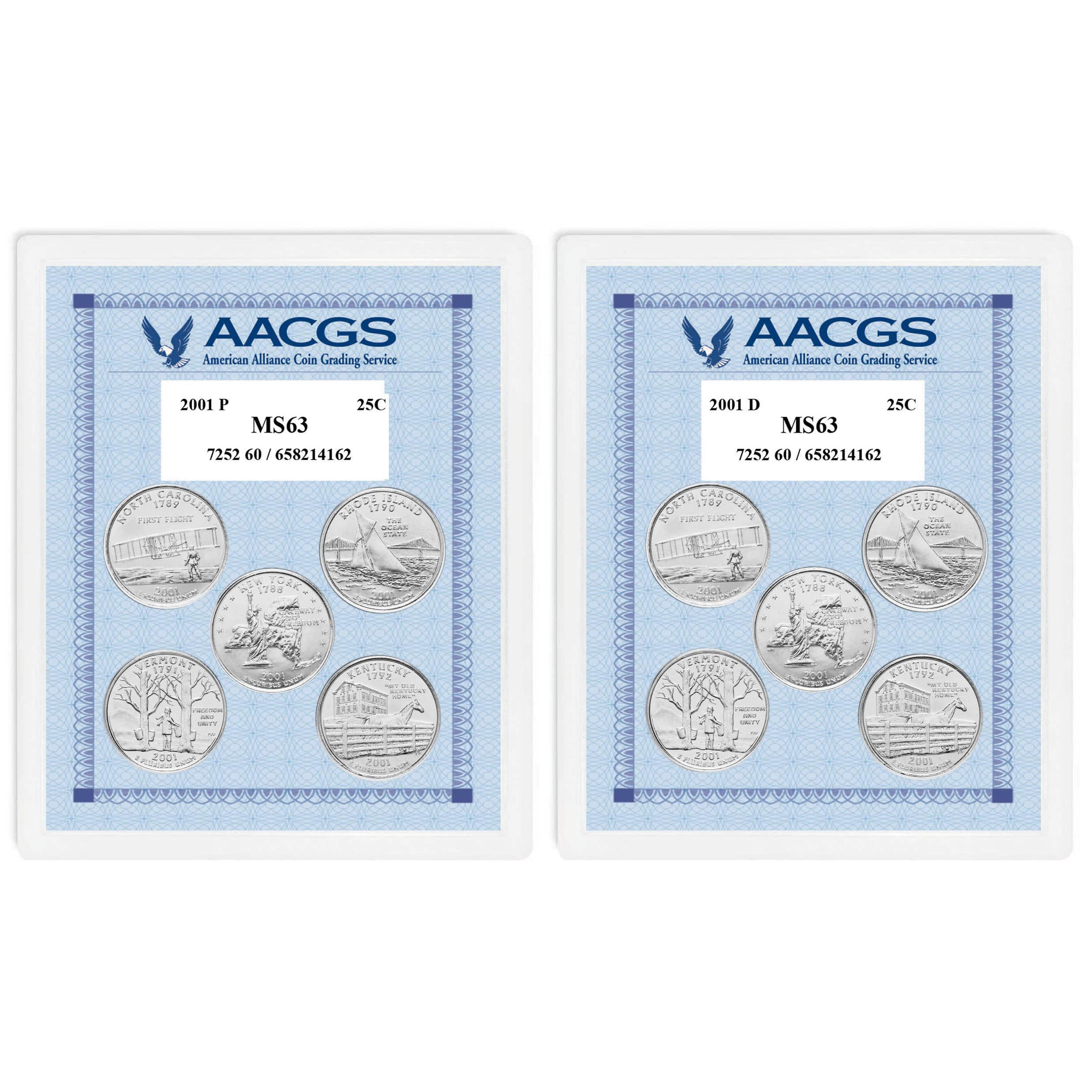 2001P & 2001D Statehood Quarters Graded MS63 Brilliant Uncirculated 