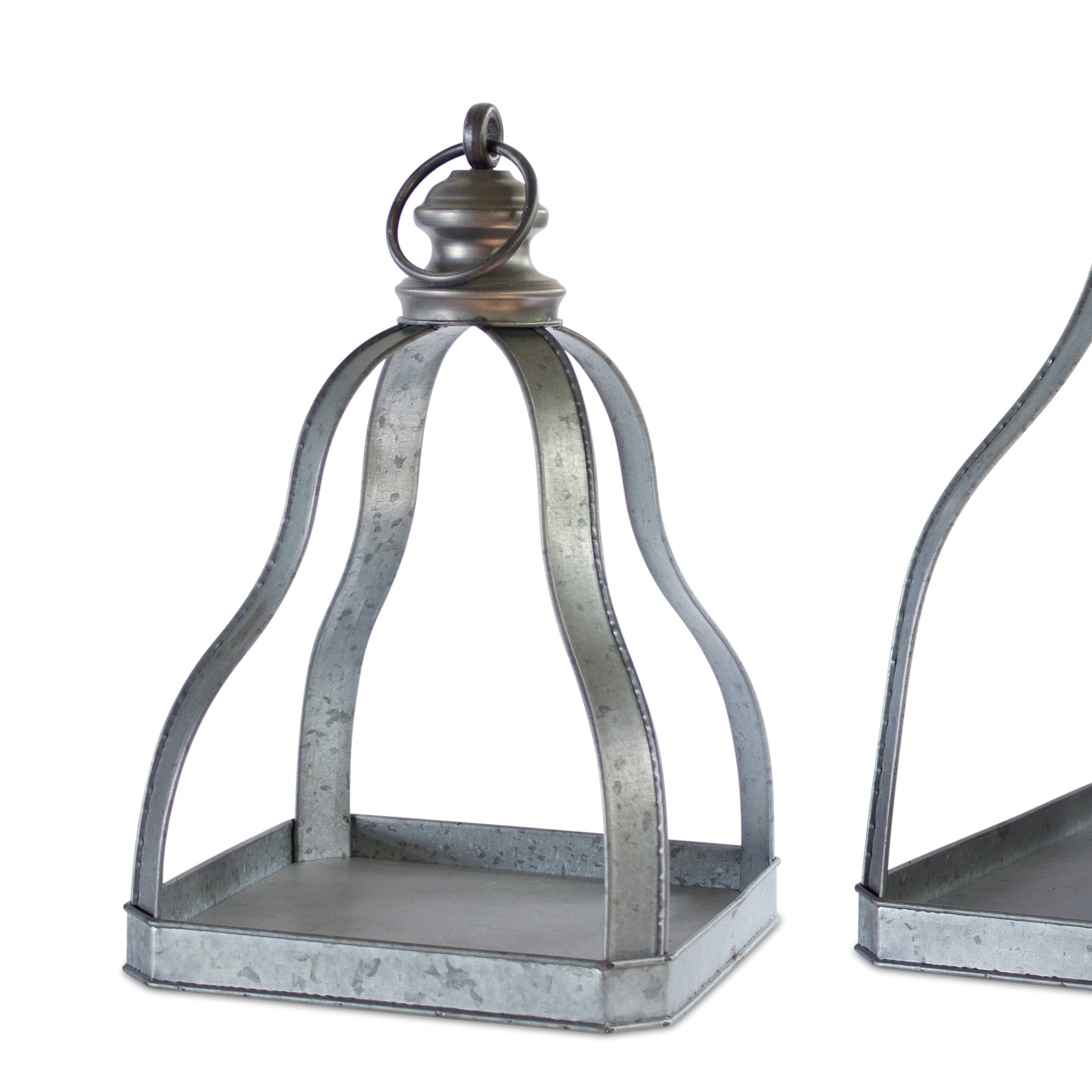 Gray & Black Galvanized Metal with Open Design Lantern Set