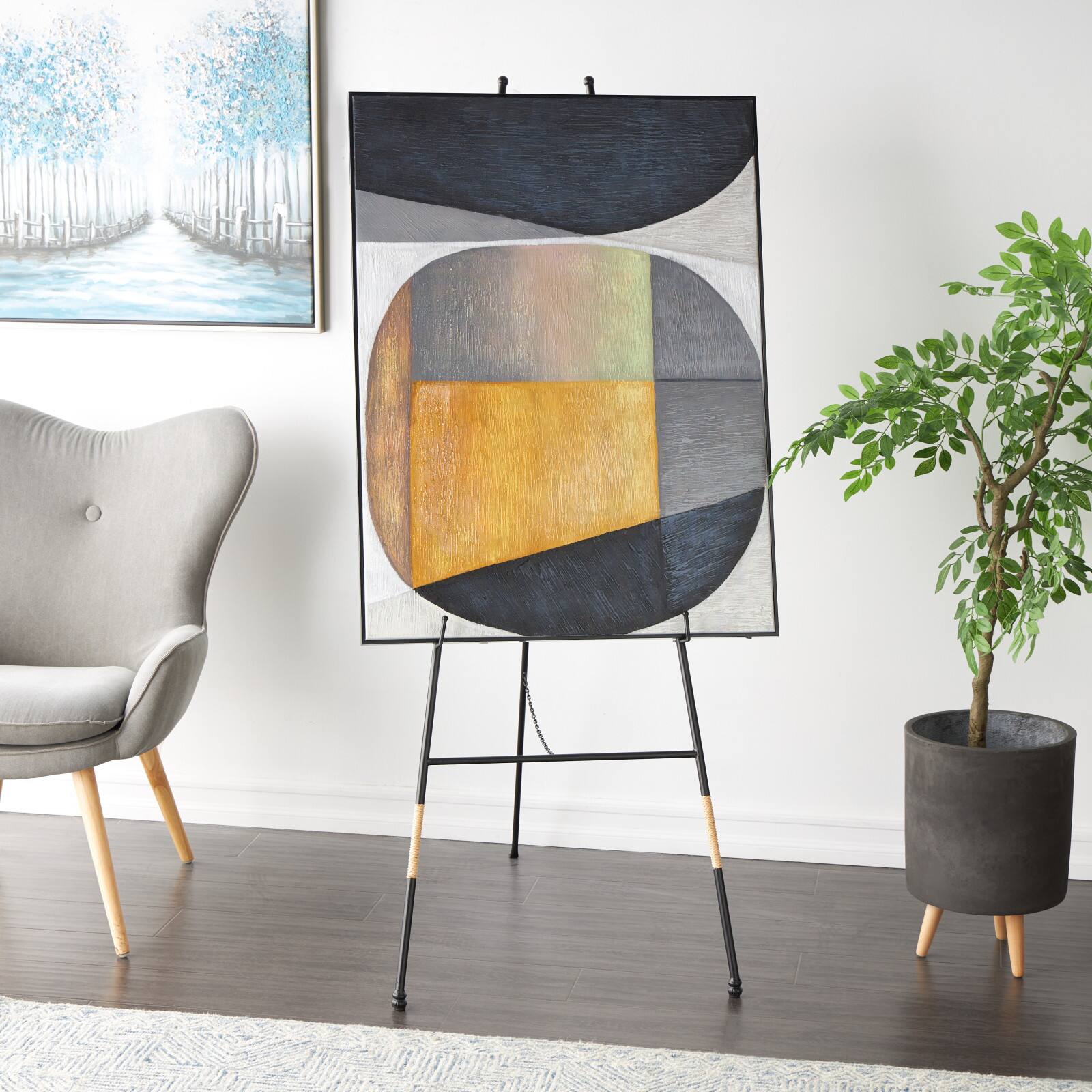64" Black Metal Slim Foldable 2-Tier Easel with Wrapped Rattan Accents