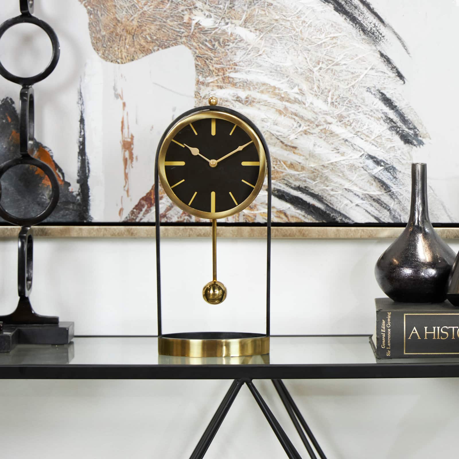 15" Gold Aluminum Tall Clock with Swinging Ball Pendulum