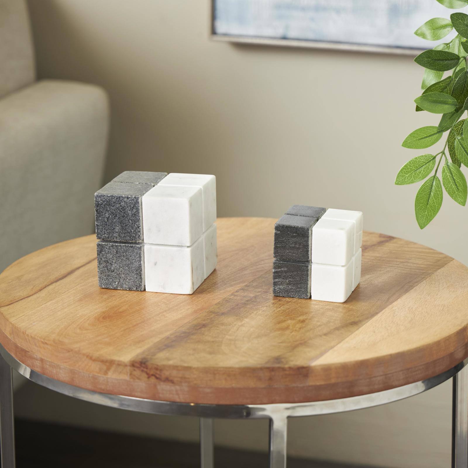 White Marble Geometric Dice Sculpture with Black Accent Set