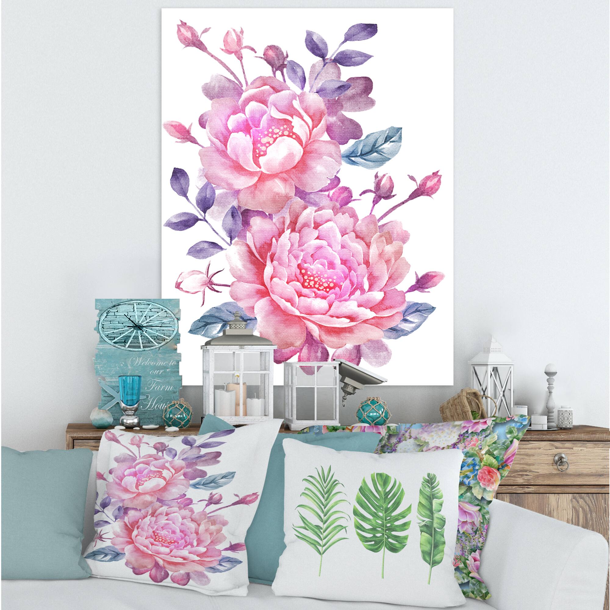 Designart - Pink Retro Flowers With Blue Leaves - Traditional Canvas Wall Art Print
