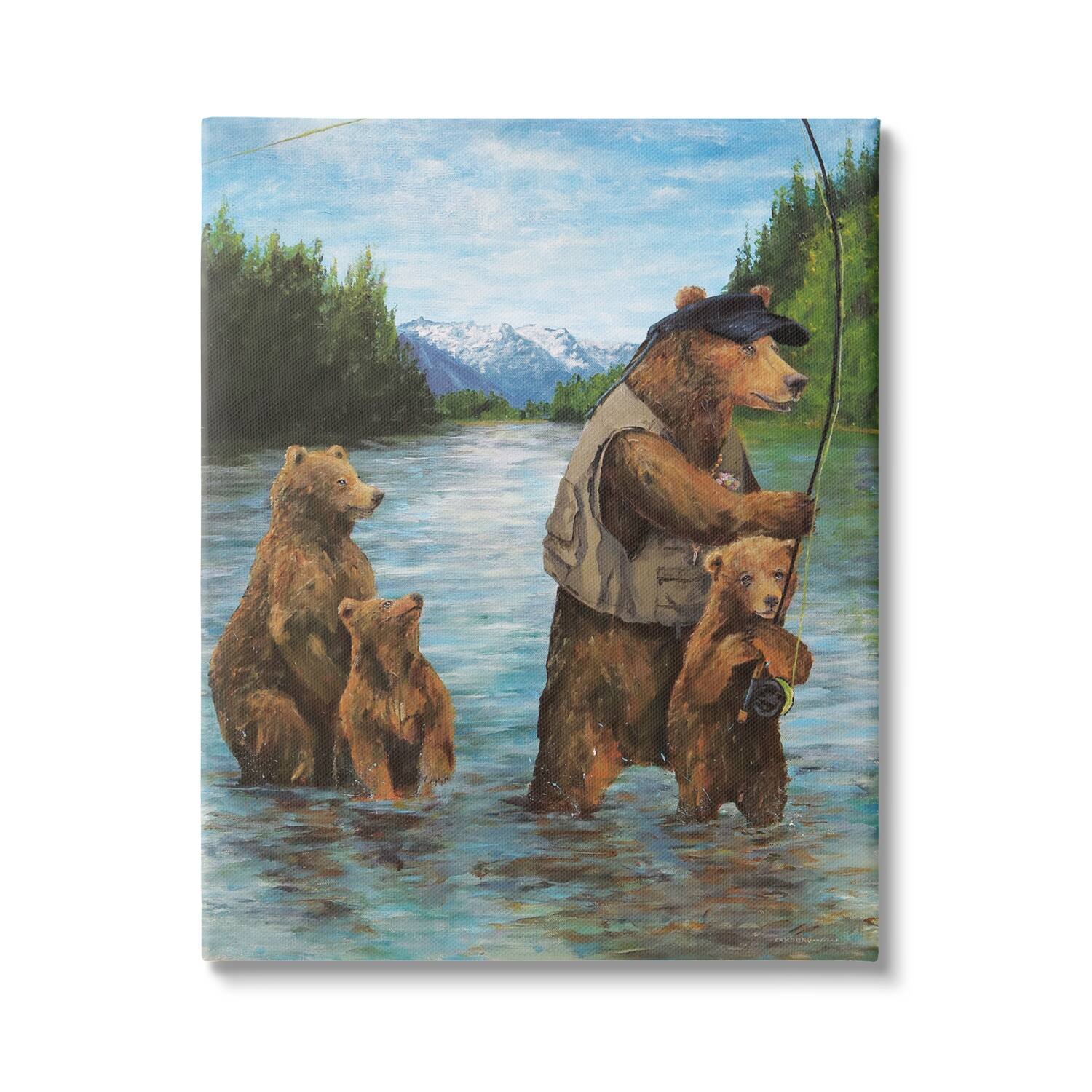Stupell Industries Brown Grizzly Bear Family Fishing Mountain Lake Landscape Canvas Wall Art