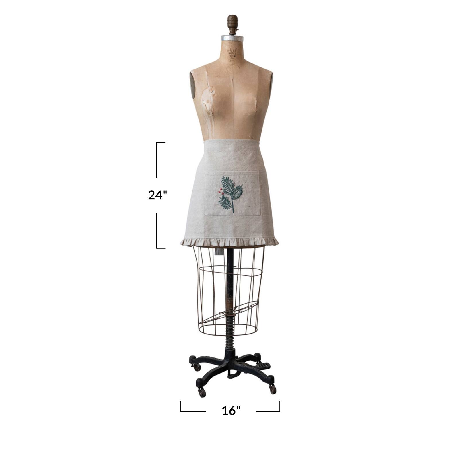 Hello Honey® Natural, Green & Red Woven Cotton & Linen Half Apron with Hand-Embroidered Holly, French Knots, Pocket & Ruffle