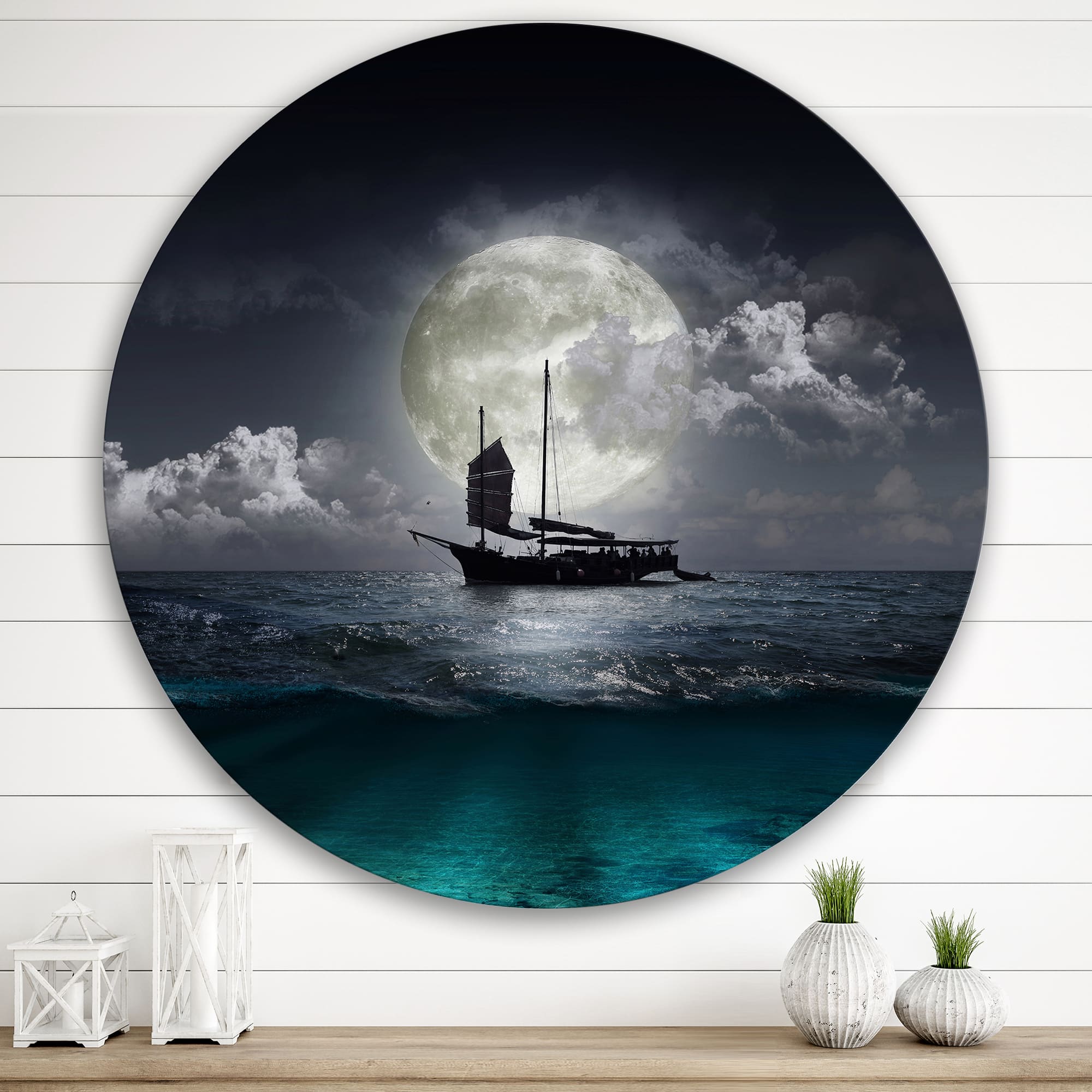 Designart - Fisher Boat On The Lake During Full Moon - Nautical & Coastal Metal Circle Wall Art