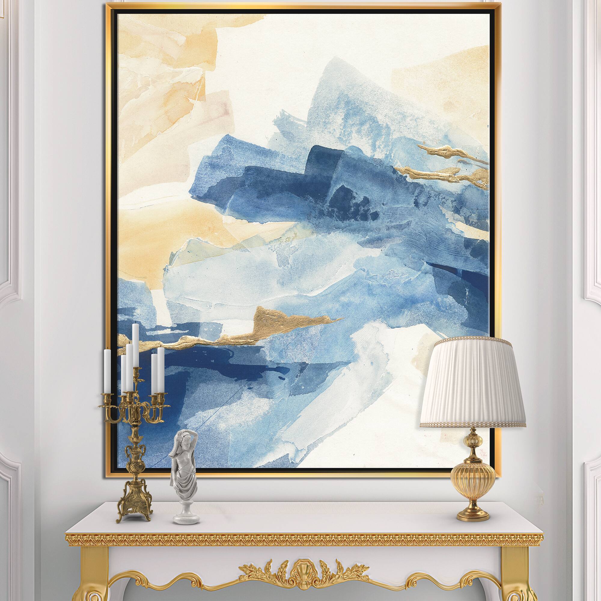 Designart - Metallic Gold Indigo II - Modern Glam Canvas in Gold Frame