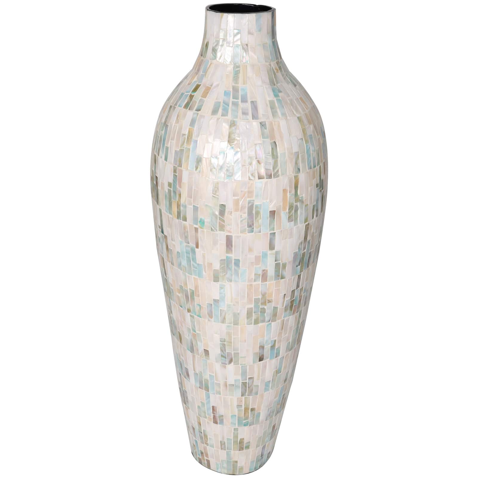 28" White Mother of Pearl Handmade Mosaic Inspired Vase with Pastel Blue & Pink Accents