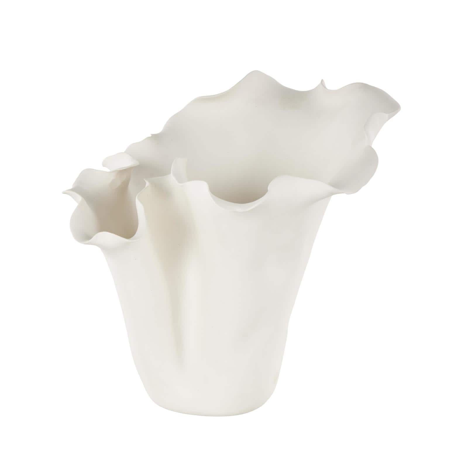 10.5" White Ceramic Abstract Floral Vase with Wavy Folded Rim