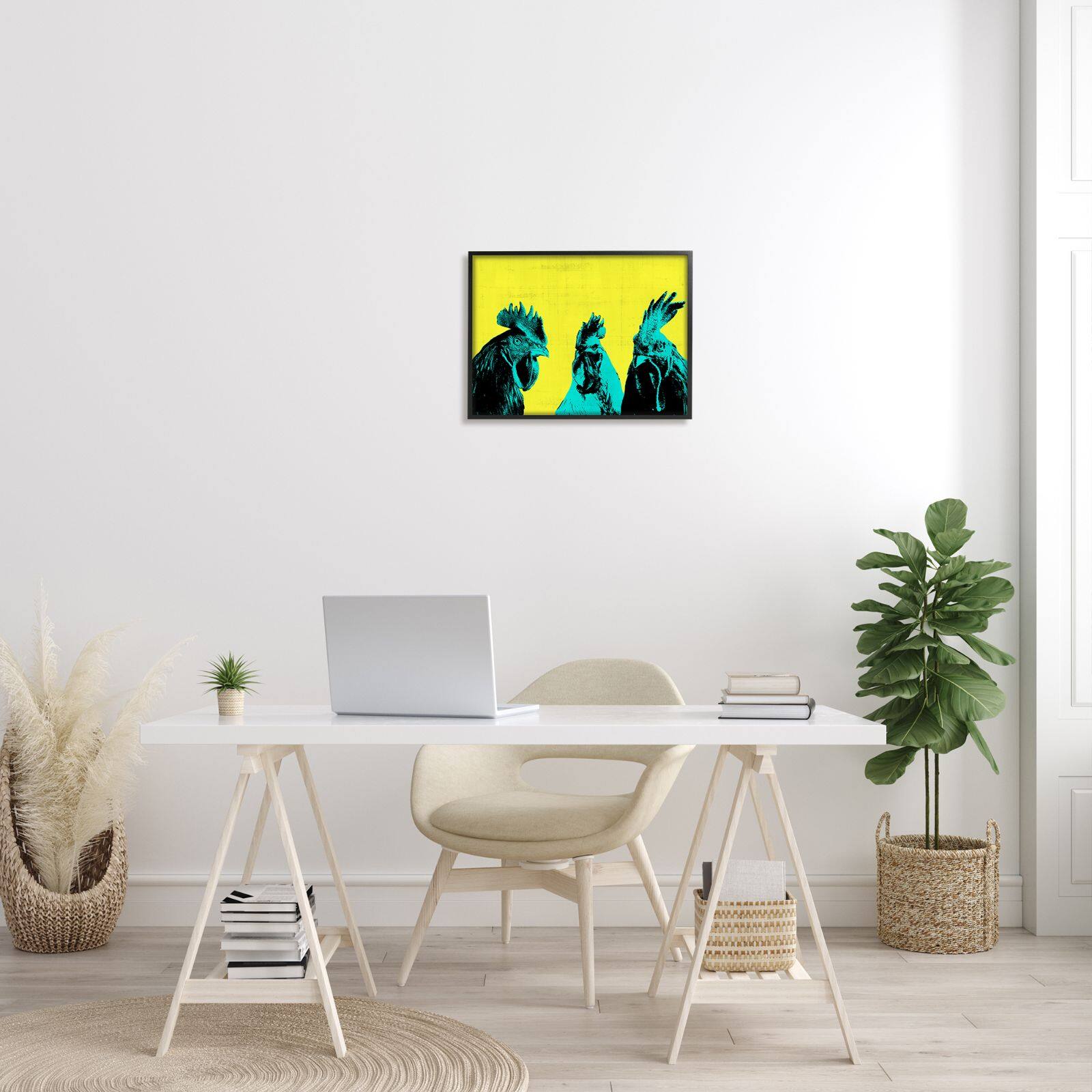 Stupell Industries Bold Pop Farm Roosters Yellow Blue Abstract Birds Framed Wall Art