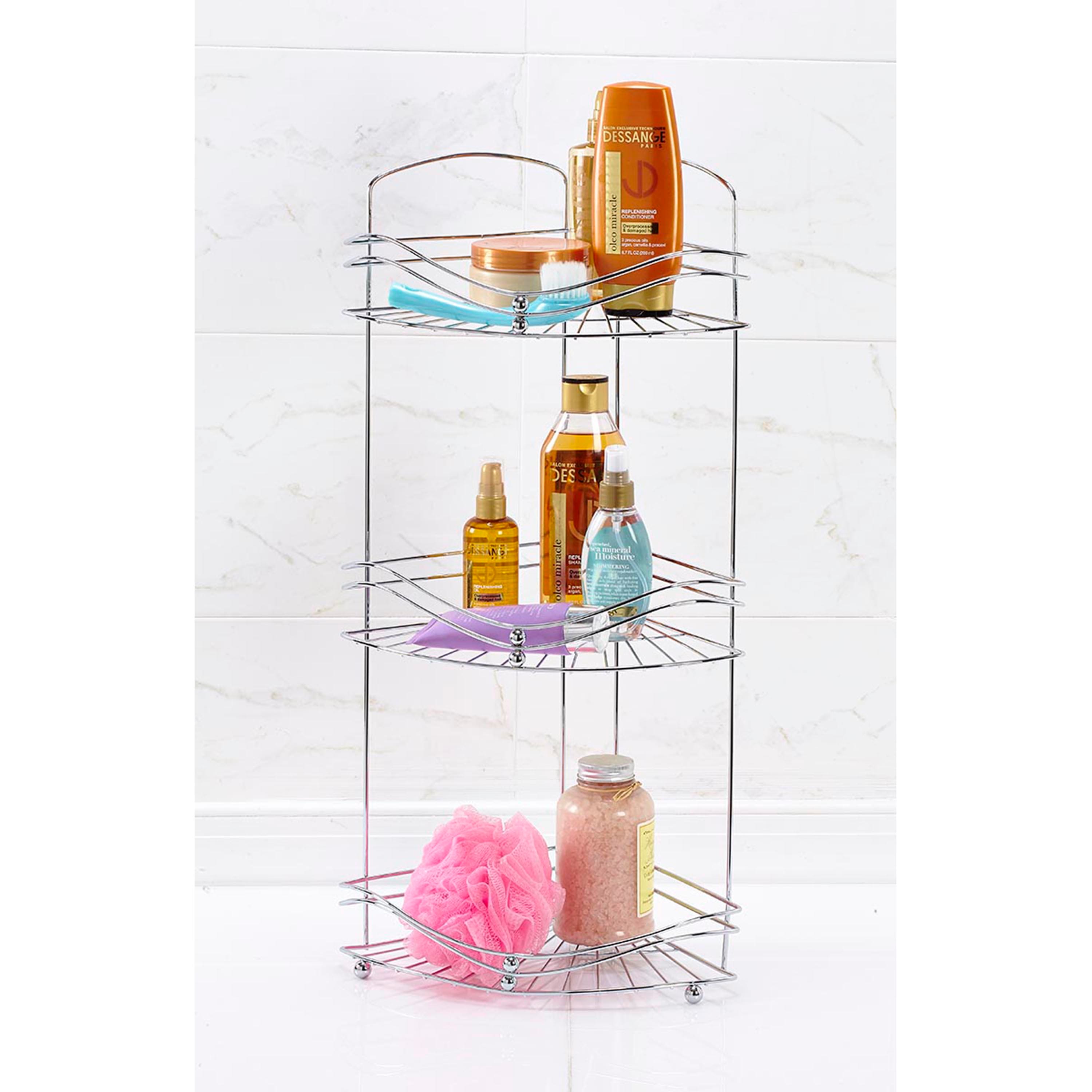Bath Bliss Glossy Chrome Ocean Wave Design 3-Tier Corner Bath Shelf