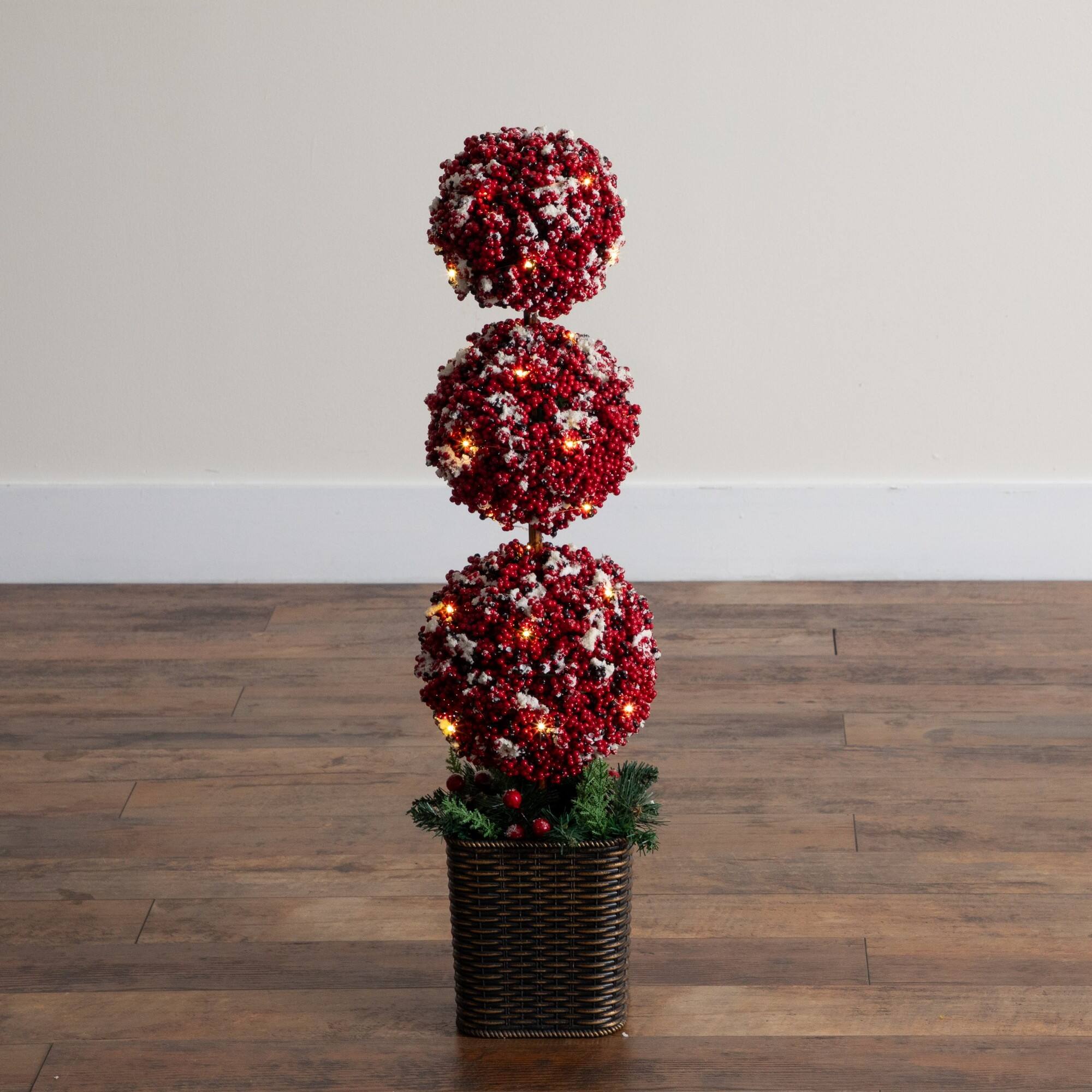 Nearly Natural 31" Artificial Christmas Snowed Holly Berry Triple Ball Topiary Tree in Decorative Planter
