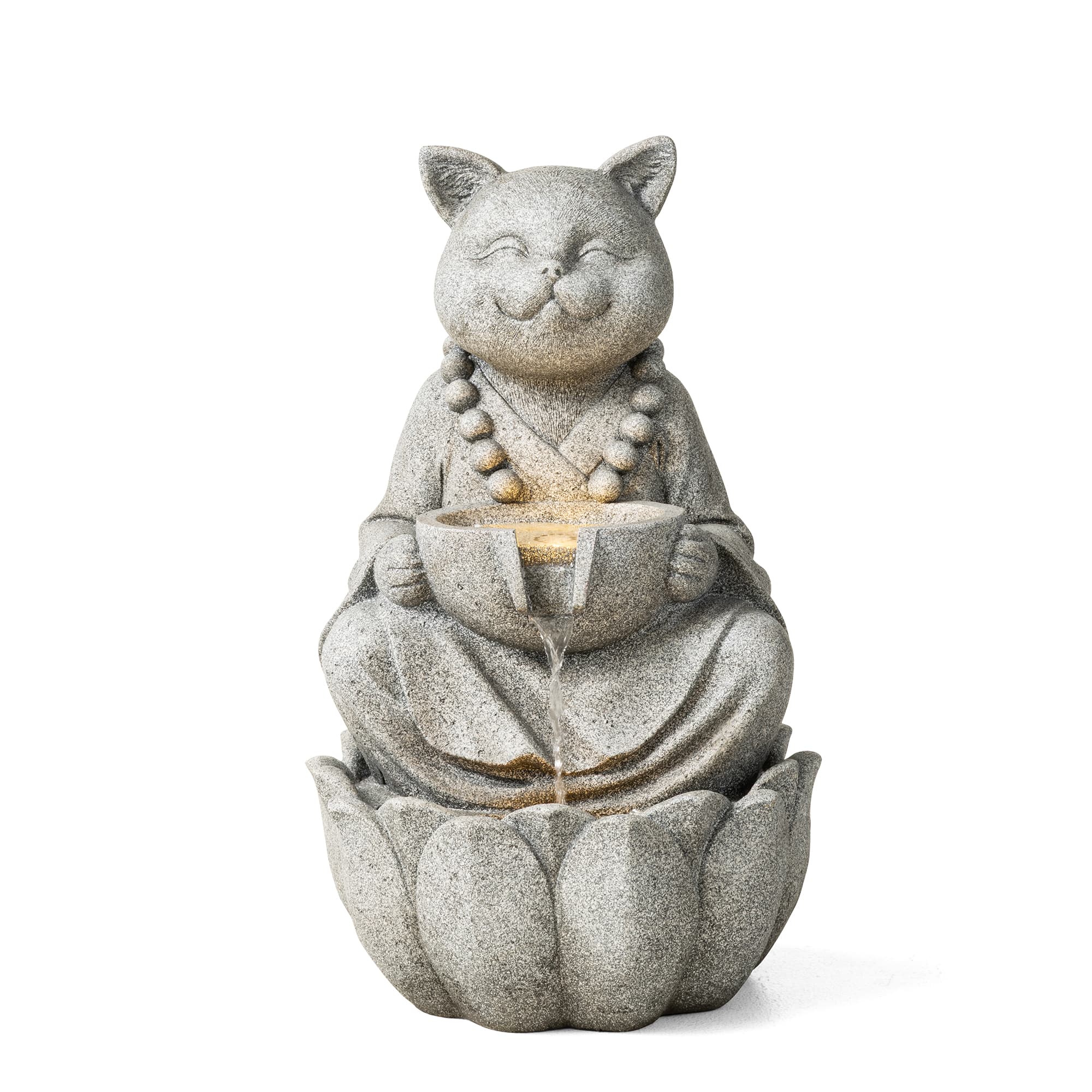 Glitzhome® 21.75" Zen-Style LED 2-Tier Concrete Cat Outdoor Fountain